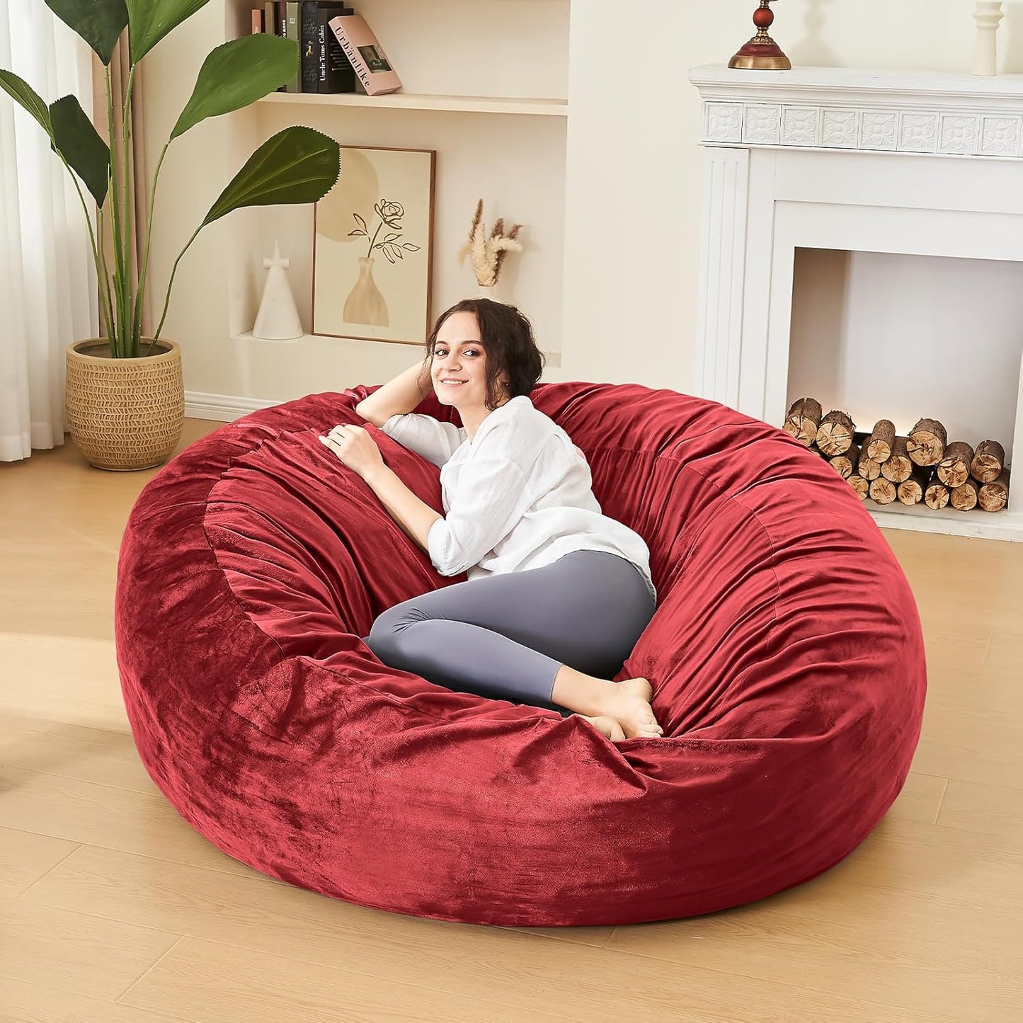 Bean Bag Chairs for Adults - Memory Foam Furniture BeanBag Chair - Kids/Teens Sofa with Soft Micro Fiber Cover - Round Fluffy Couch for Living Room Bedroom College Dorm - 4 ft, Red