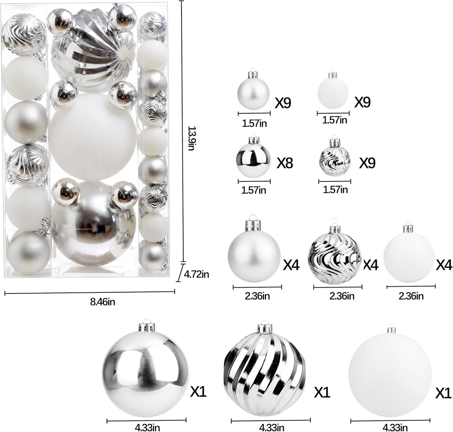 Christmas Ball Ornaments for Xmas Decorations,50 pcs Christmas Extra Large Tree Shatterproof Ornaments-Silver (Combo of 5 Style in 3 Sizes)