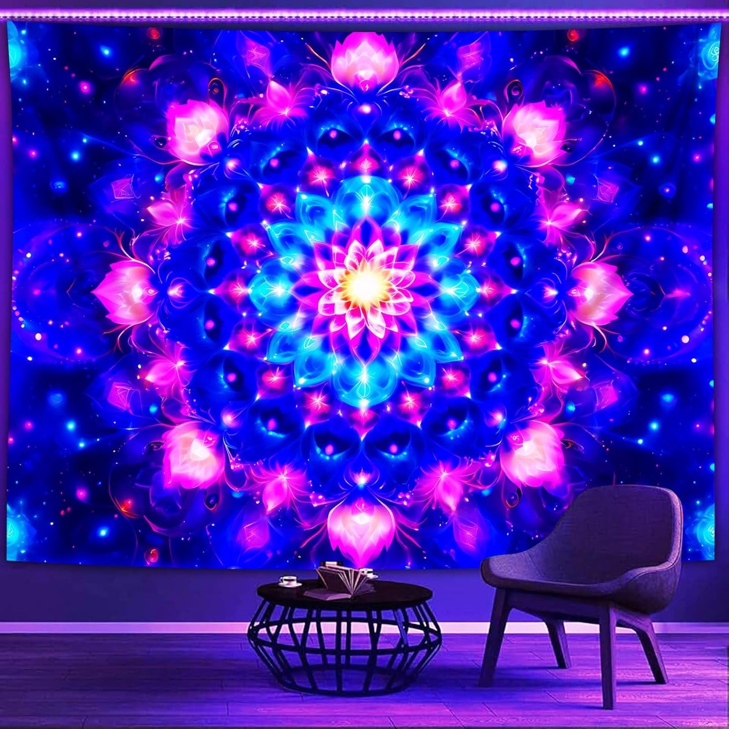 PSYHILAR Blacklight Mandala Tapestry for Bedroom, Psychedelic Black Light Posters for Adults and Teens, Colorful UV Reactive Aesthetic Bohemian Art Wall Hanging Decor (60 x 50 Inches)