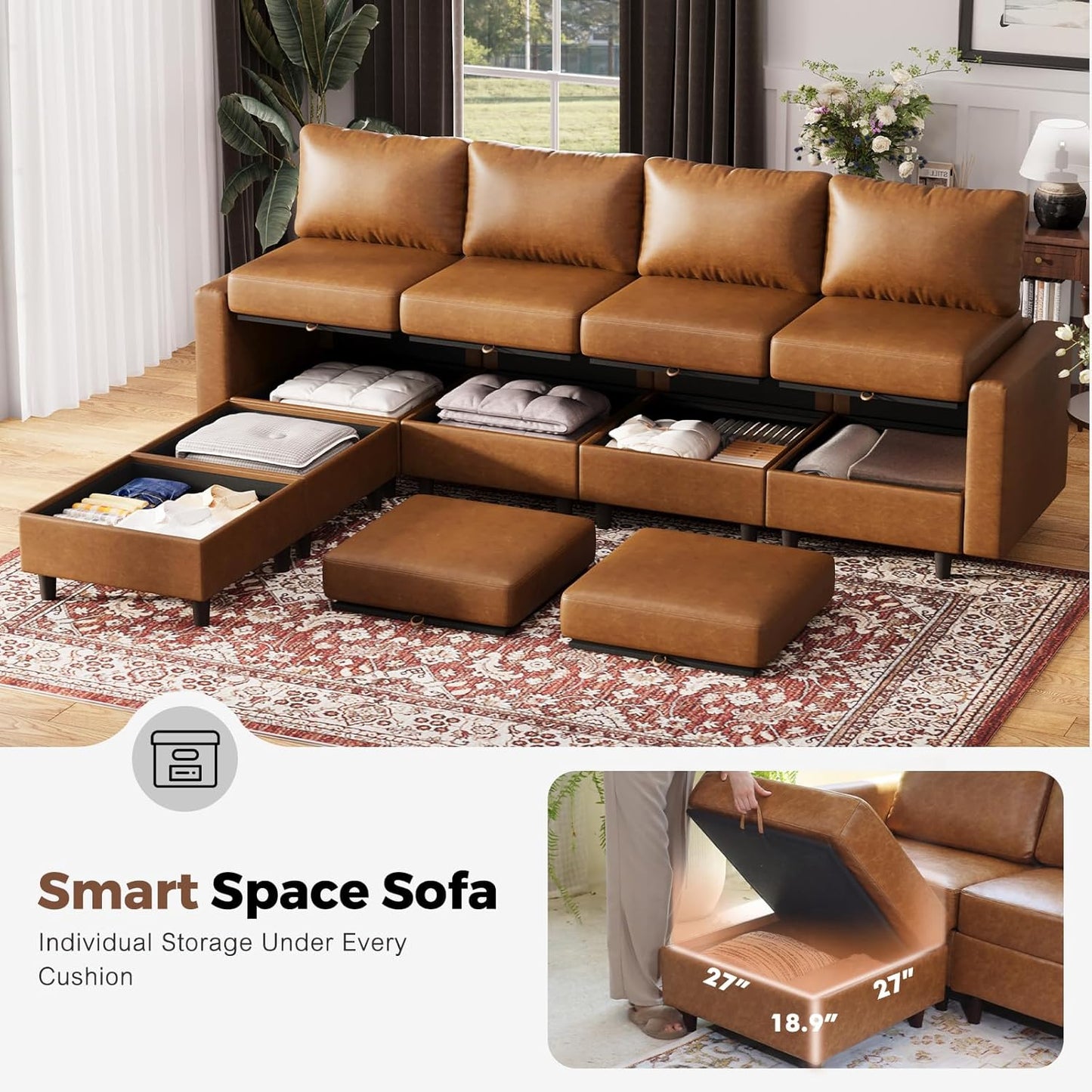 118.5" Faux Leather Modular Sectional Sofa, U Shaped Couch Set for Living Room, Large 8-Seater Comfy Cloud Couches with Storage Seat DIY Combination - Brown