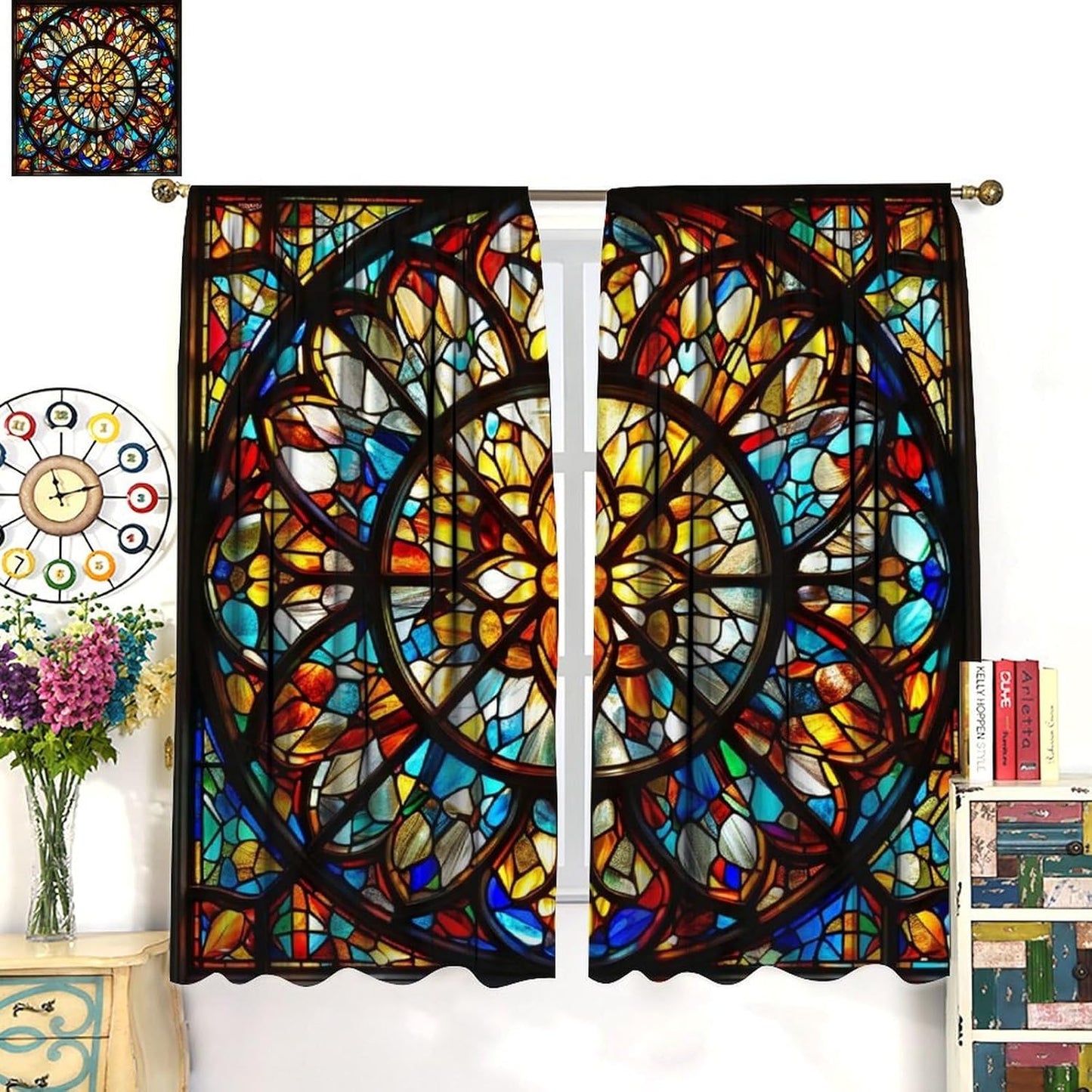 Stained Glass Curtains,Retro Mid Century Abstract Colorful Geometric Prints Home Decor Drapes for Bedroom Living Room Kitchen Window Treatment 2 Panels Set Total Size 63" W X 72" L Inch