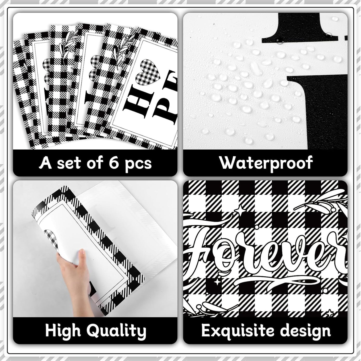 Love Family Placemats Set of 6 Buffalo Plaid Plastic Table Mats Black and White Plaid Place Mats Washable Vinyl Love Home Checkered Table Decoration for Indoor Outdoor Party Kitchen Dining