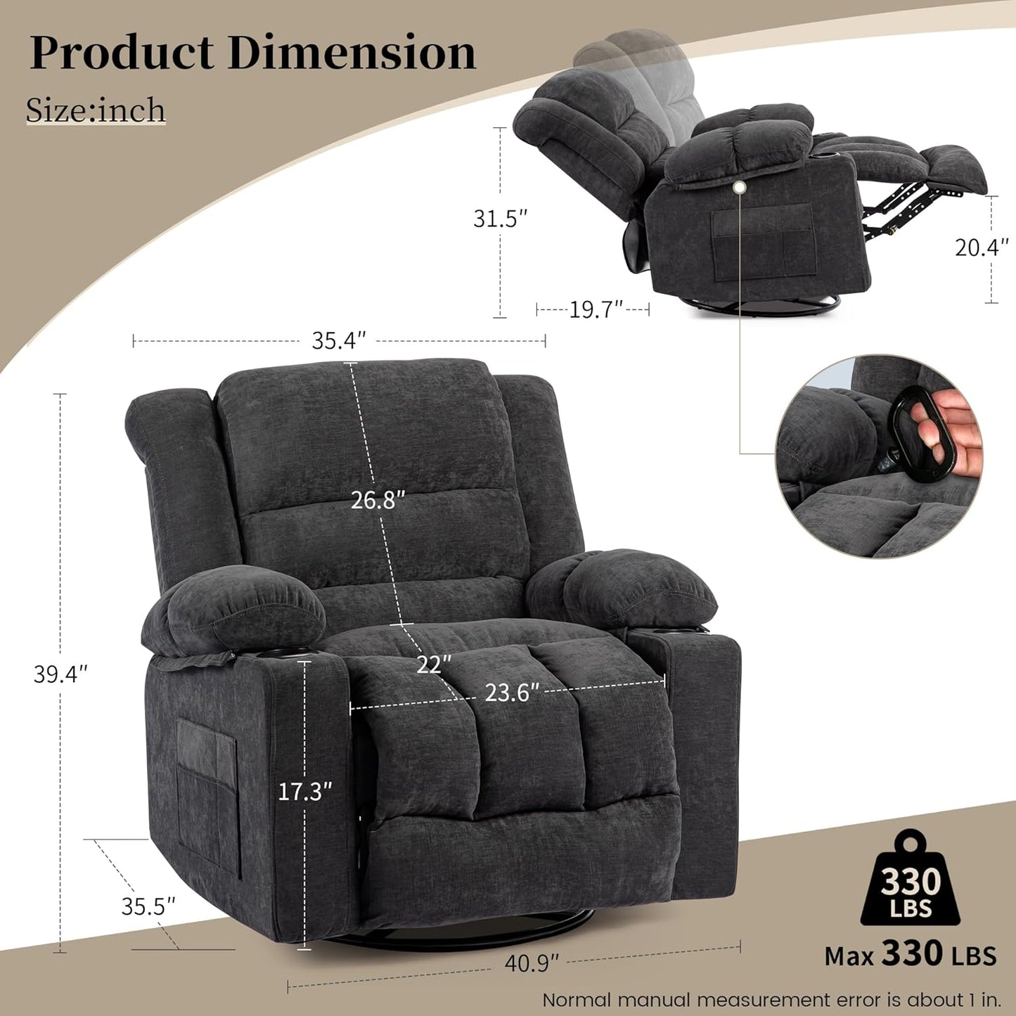 Recliner Chair Rocker Modern Ergonomic Lounge 360 Degree Swivel Single Sofa Seat Living Room Lounge Recliners on Clearance Foam Filling