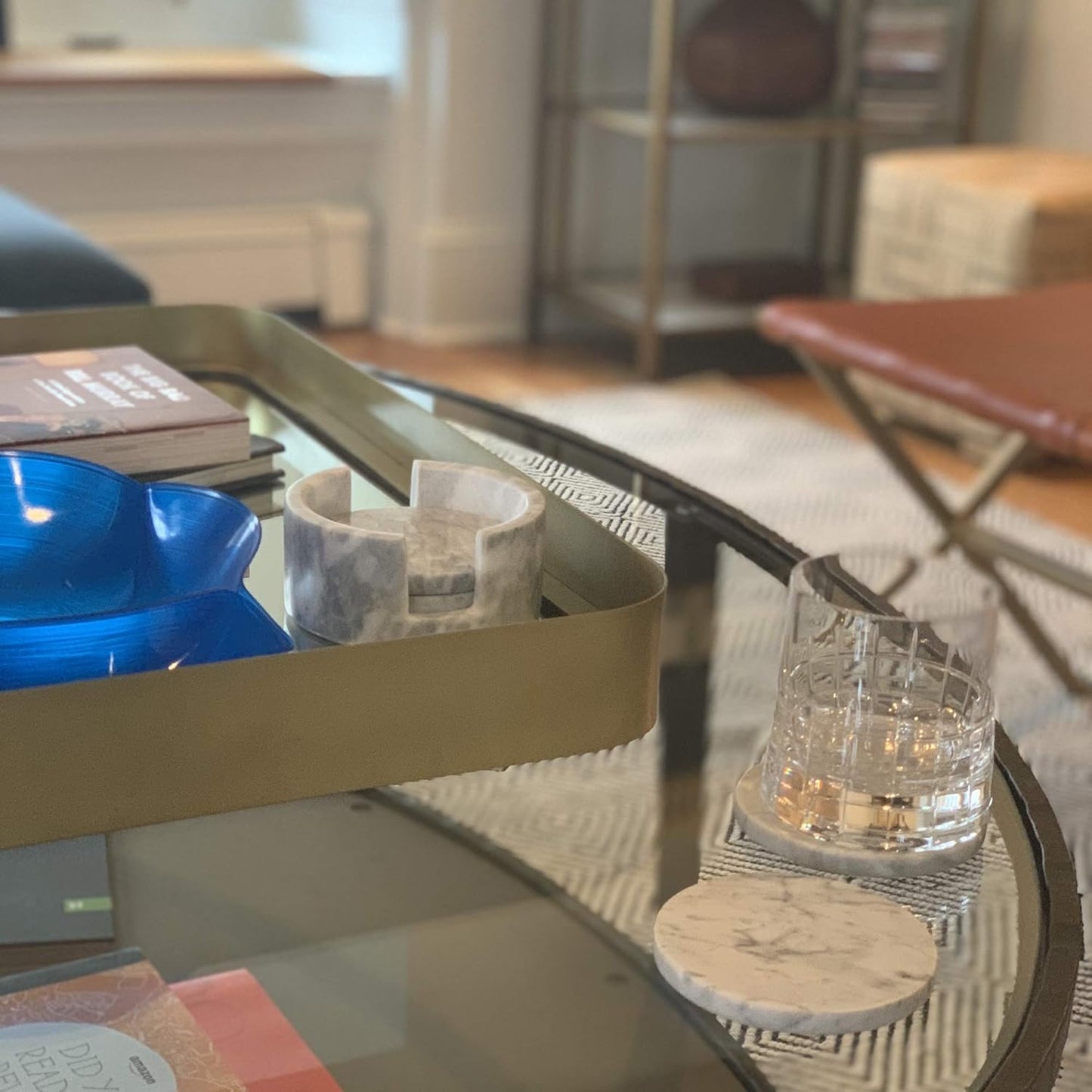 Fox Run Natural Polished Marble Coasters, Set of 4 White Coasters With Holder