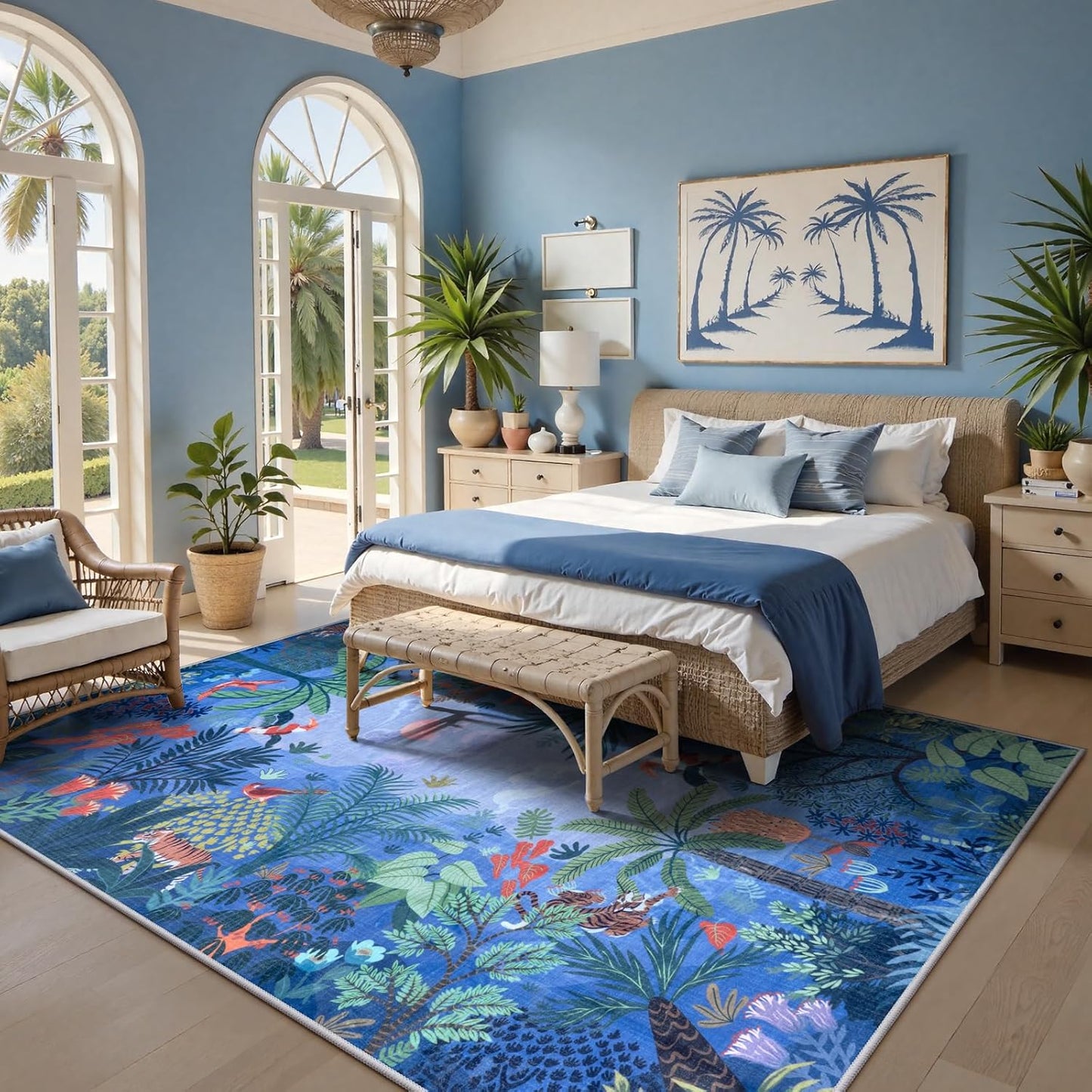 LIVEBOX Washable Bedroom Rug 8x10 Under Bed, Modern Stain Resistant Botanical Rug for Living Room Playroom Kids Boy Room, Non-Slip Jungle Forest Print Rugs for Nursery Baby