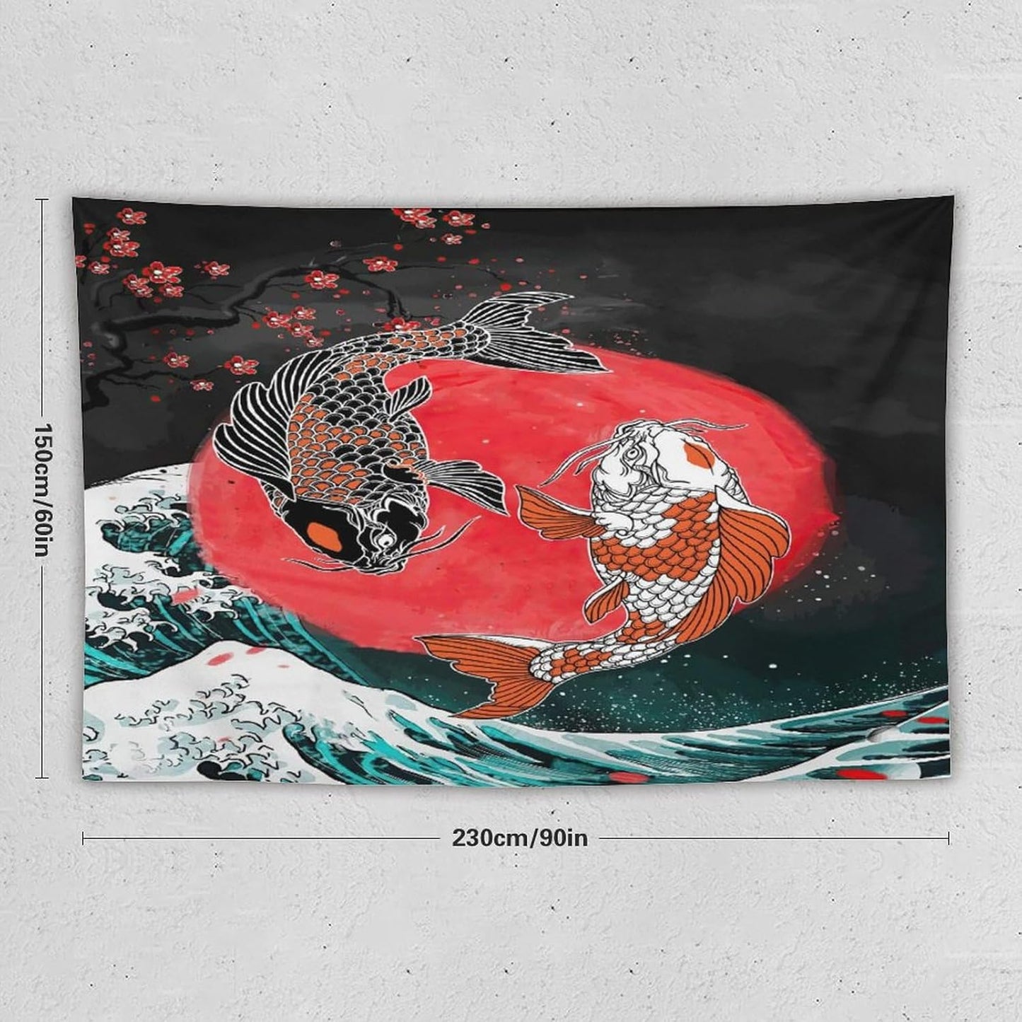Houselerax Koi Fish Tapestries,Japanese Style Yin Yang Big Wave Cherry Blossoms Tapestry Wall Hanging for Bedroom Living Room Office Decor 90"x60"