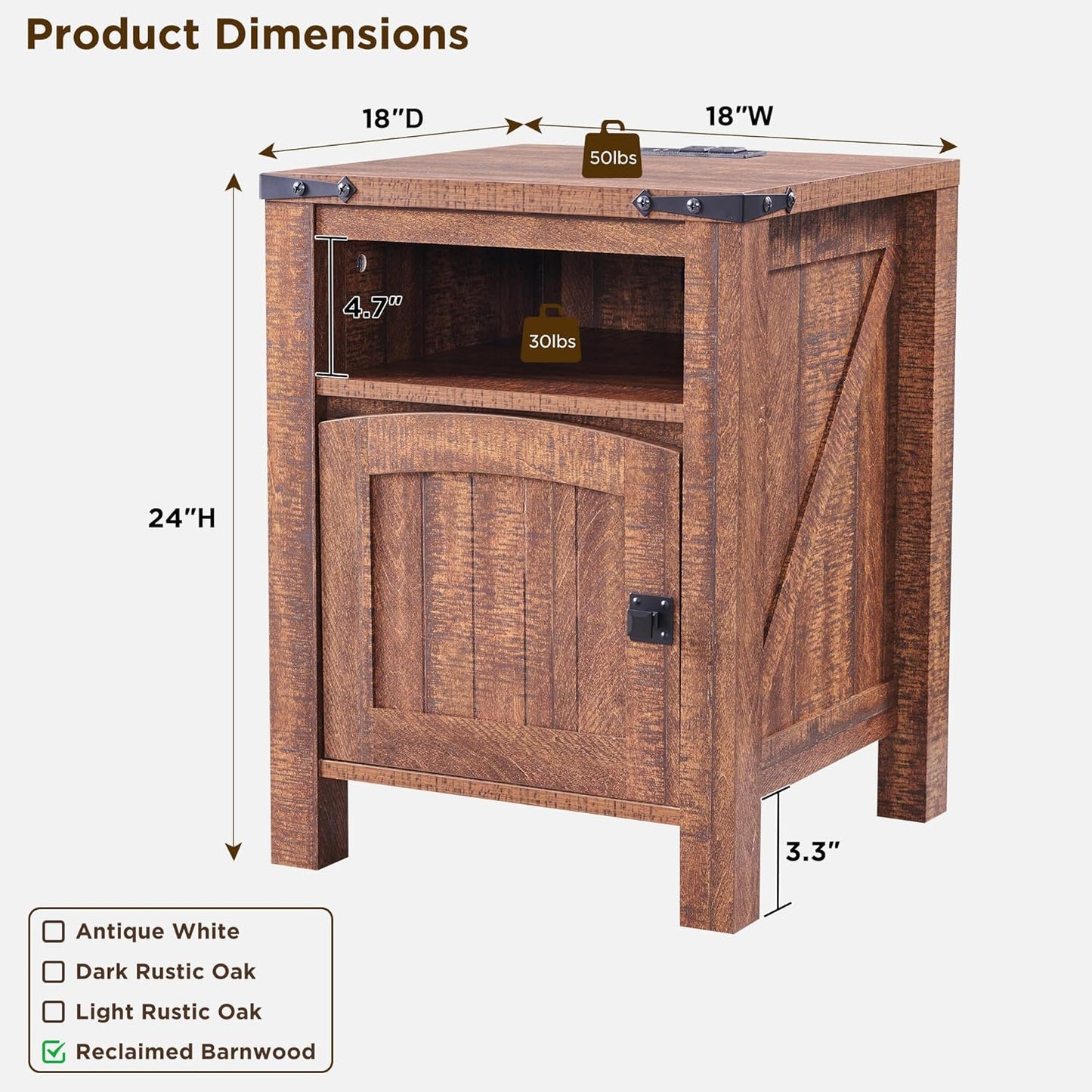 OKD Farmhouse Nightstand with Charging Station, 18" Rustic End Table with Adjustable Storage Shelf, Wood Rustic Wood Sofa Side Table for Bedroom