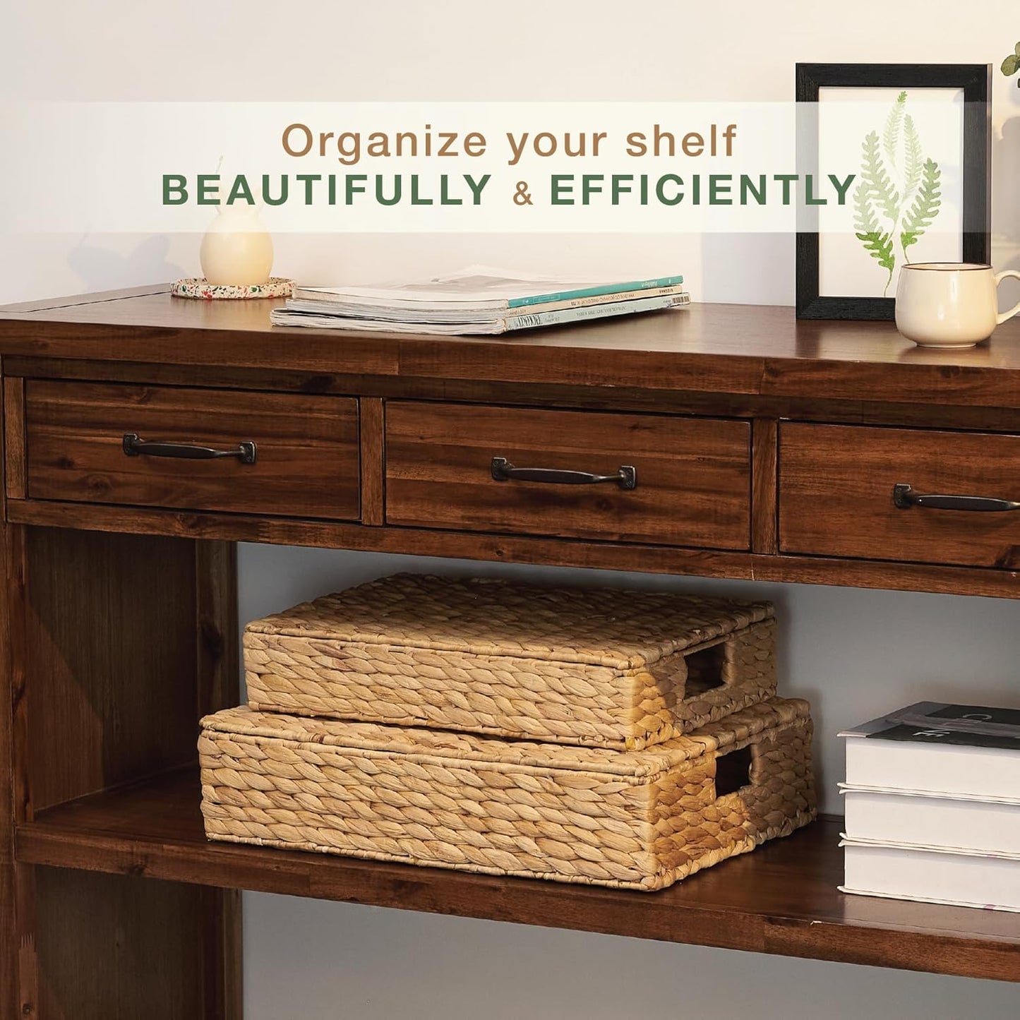 Set of 2 Wicker Baskets with Lid for Organizing - Decorative Storage Boxes With Lids for Home Decor, Shelves - Organic Modern Home Decor - Remote Box - Coffee Table Basket