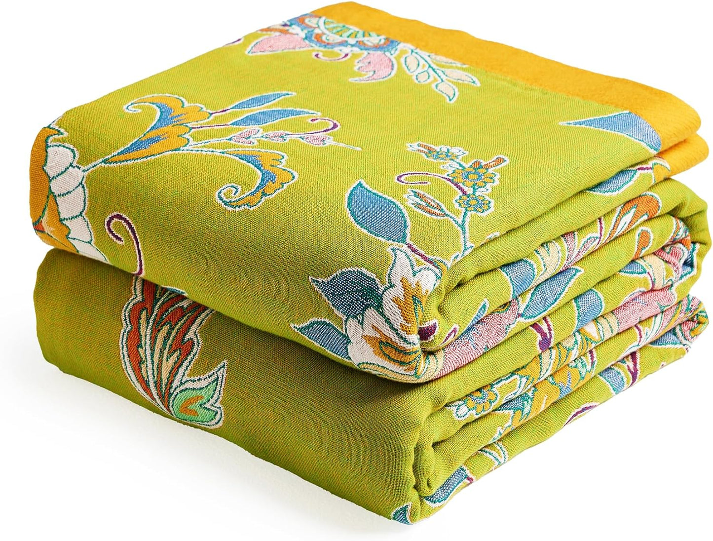 Boho Throw Blanket 80" x 90", 100% Organic Cotton Breathable Ultra Soft Bed Quilt Throw - All Season Luxury Floral Farmhouse Decor Blanket for Sofa Couch Chair and Gift. Green/Blue