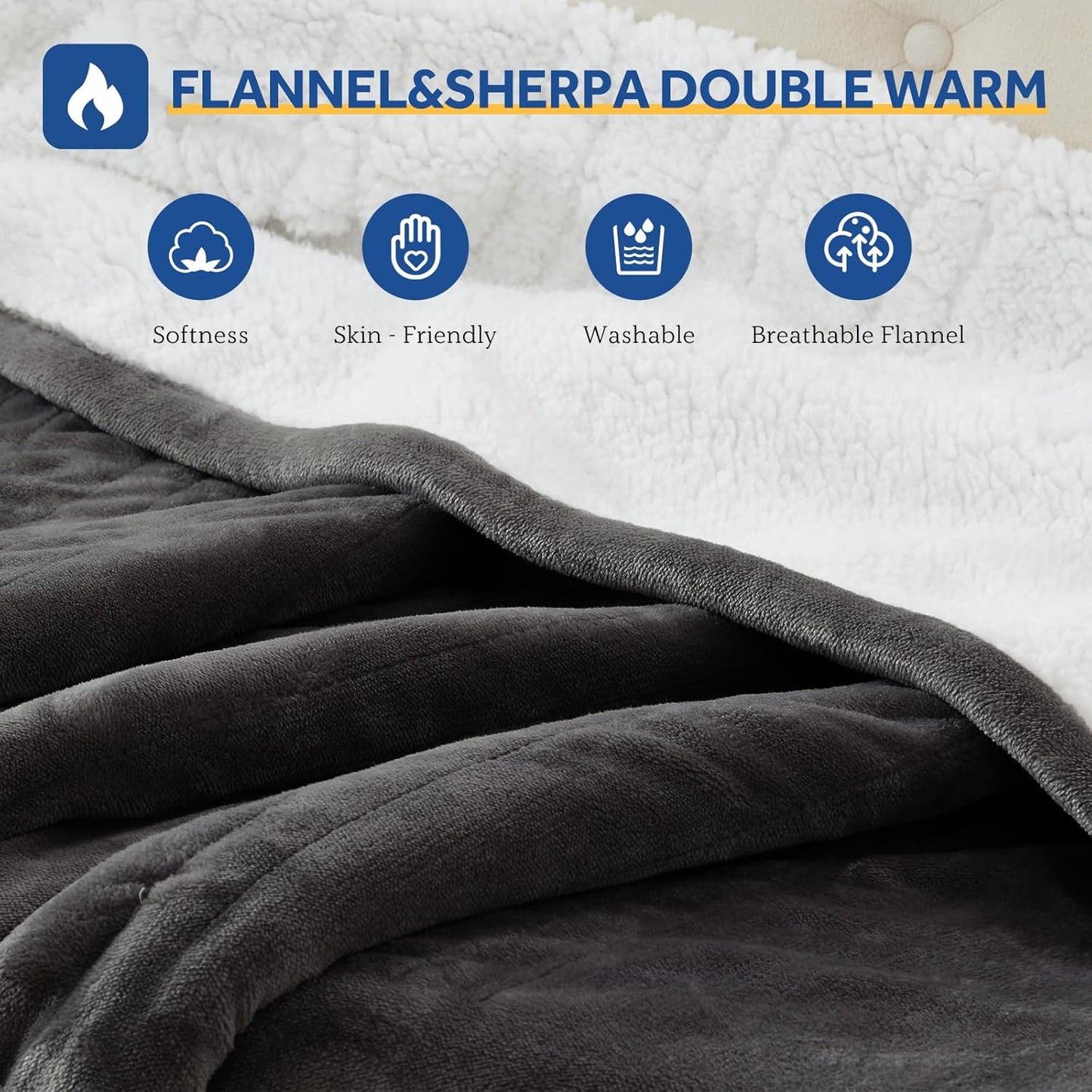 Sealy Electric Blanket Throw Size 50"*60",Super Cozy Flannel to Sherpa Reversible Heated Blanket Throw with 6 Heating Levels & 2-10 Hours Auto Off Overheating Protection Machine Washable,Charcoal