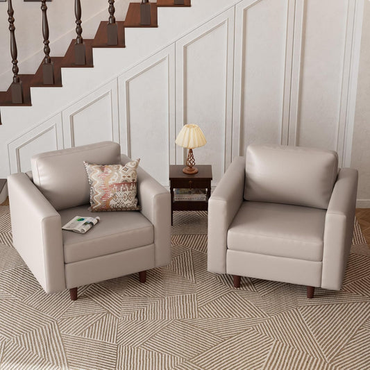 Faux Leather Oversized Accent Chair with Storage Deep Seat Single Sofa Large Reading Armchair for Living Room Bedroom Office Whitesand Set of 2