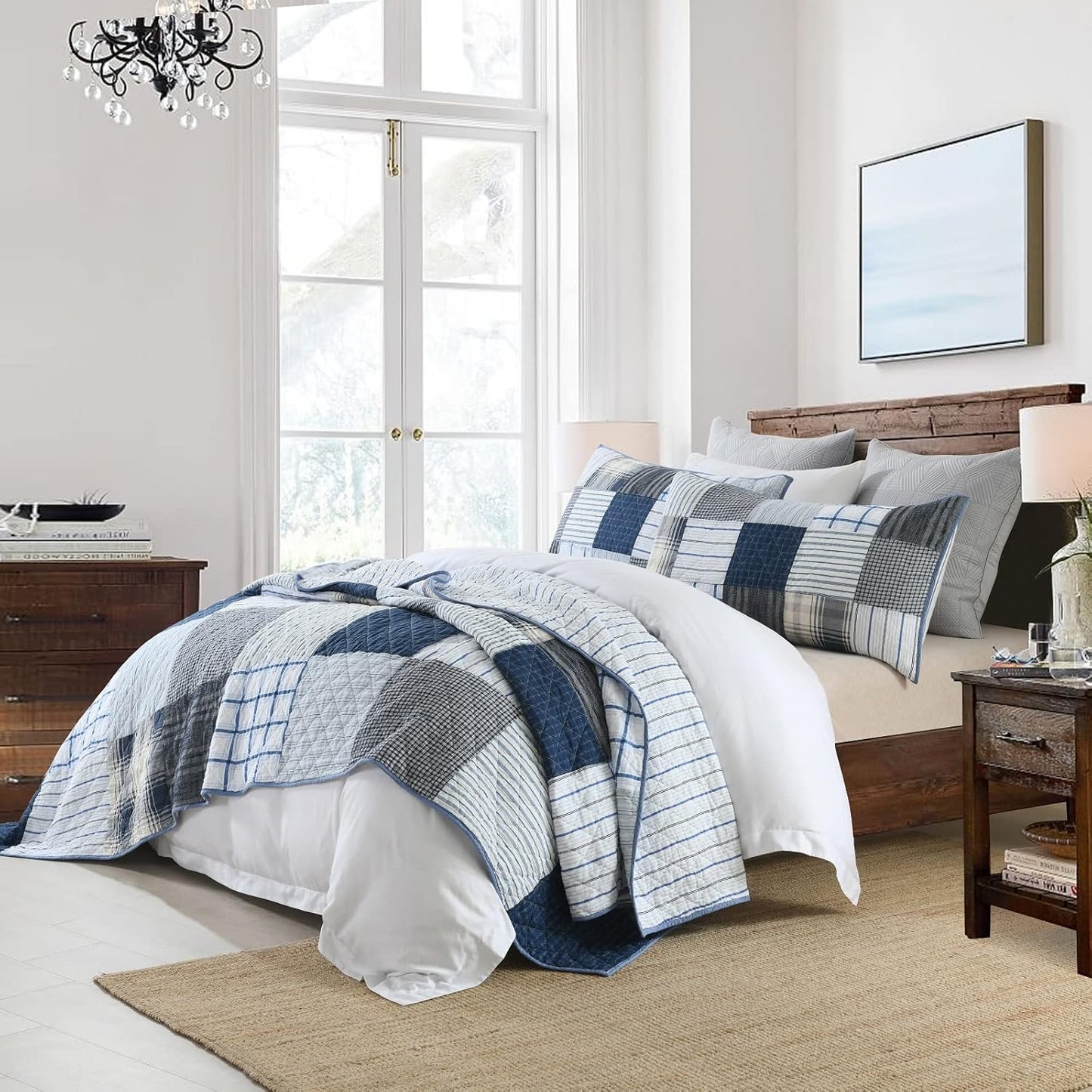 Yvooxny Queen Quilt Set Bedspread Reversible Plaid Grid Quilted Bedspread 3-Piece Real Patchwork Quilt Bedding Set ith Shams for All Seasons, Queen Size, 98 * 90 Inches