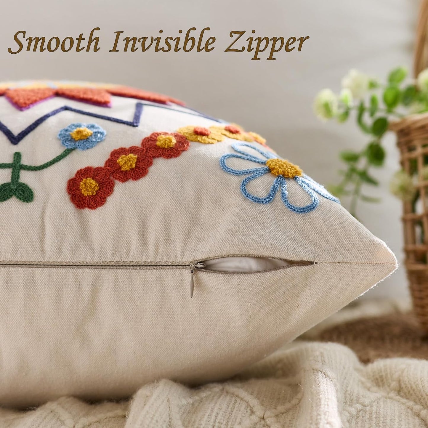 Embroidered Throw Pillow Cover 18x18 Classic Fall Boho Floral Pattern Pillows Cover Outdoor Decorative Pillowcase,Durable Cozy Textured Cushion Case for Sofa Couch Bed Living Room,Orange