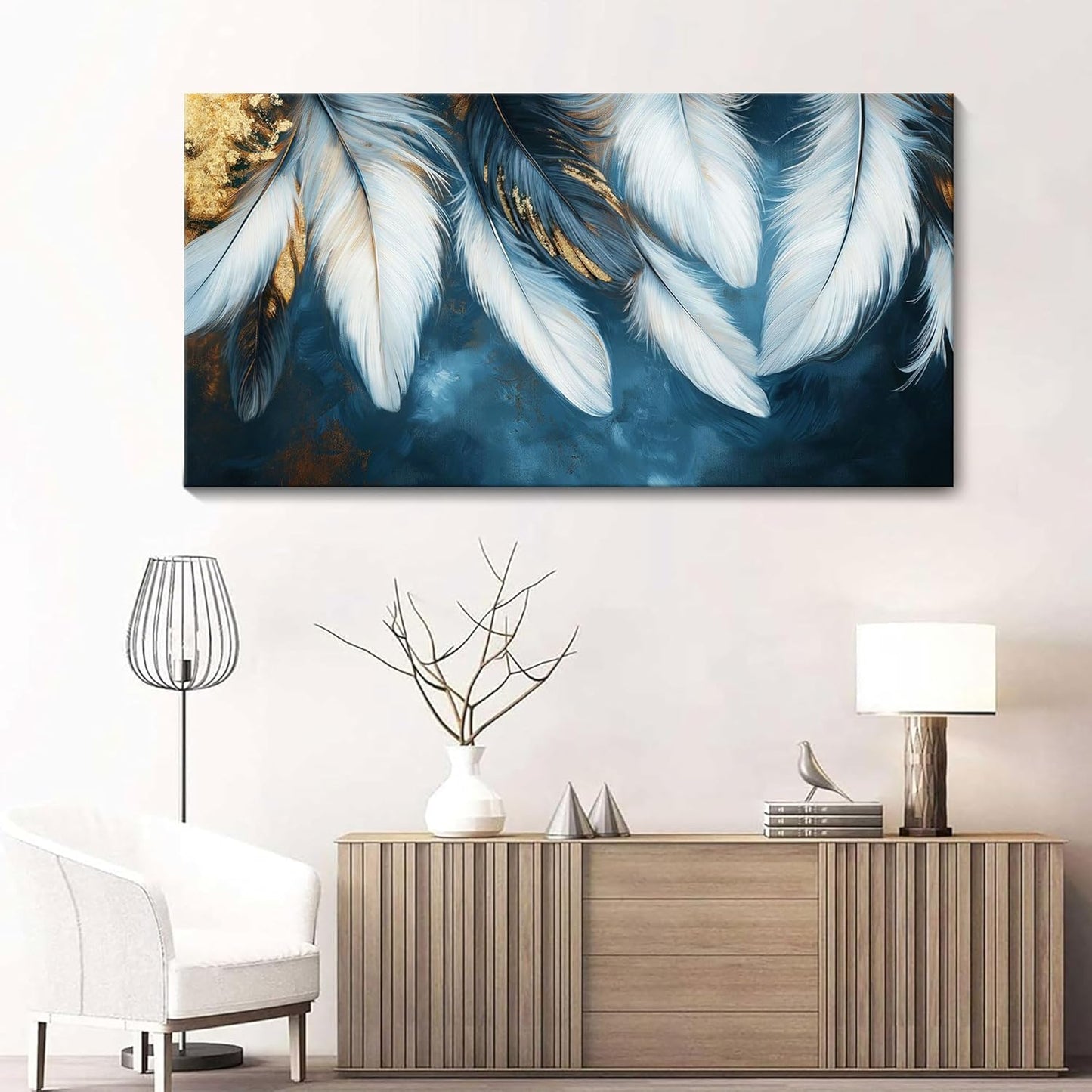 Mofutinpo Blue and Gold Wall Art Navy Blue Decor for Living Room Feather Canvas Art Wall Decor, Blue Bedroom Wall Decor Above Bed Pictures Wall Painting - Artwork for Walls 24×48IN
