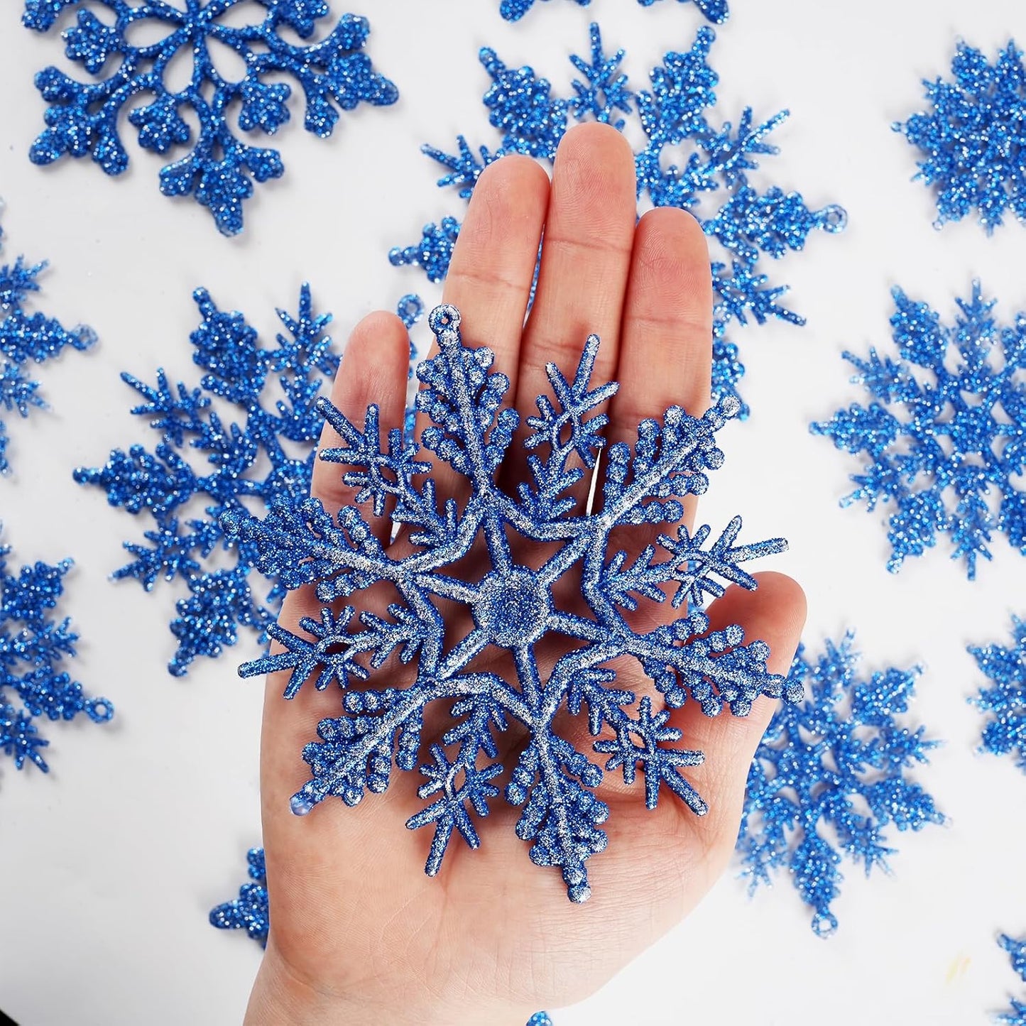 Christmas Tree Decorations Snowflake Ornaments 36Pcs Blue Silver Glitter Plastic Hanging Snowflakes from Ceiling Snow Flakes Decorating Hanging for Winter Wonderland Decorations Indoor Outdoor Decor