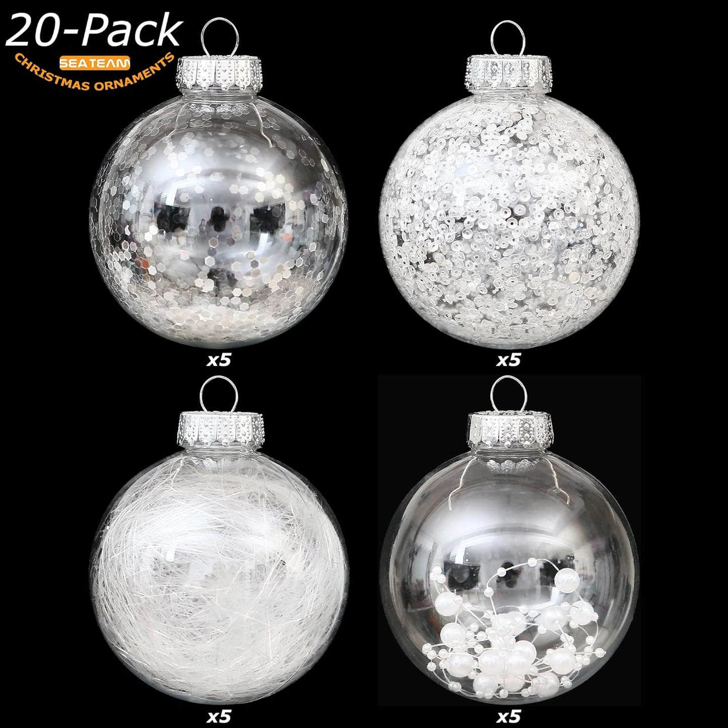 Sea Team Shatterproof Clear Plastic Christmas Ball Ornaments Decorative Xmas Balls Baubles Set with Stuffed Delicate Decorations (80mm/3.15 inch 20-Pack, White)