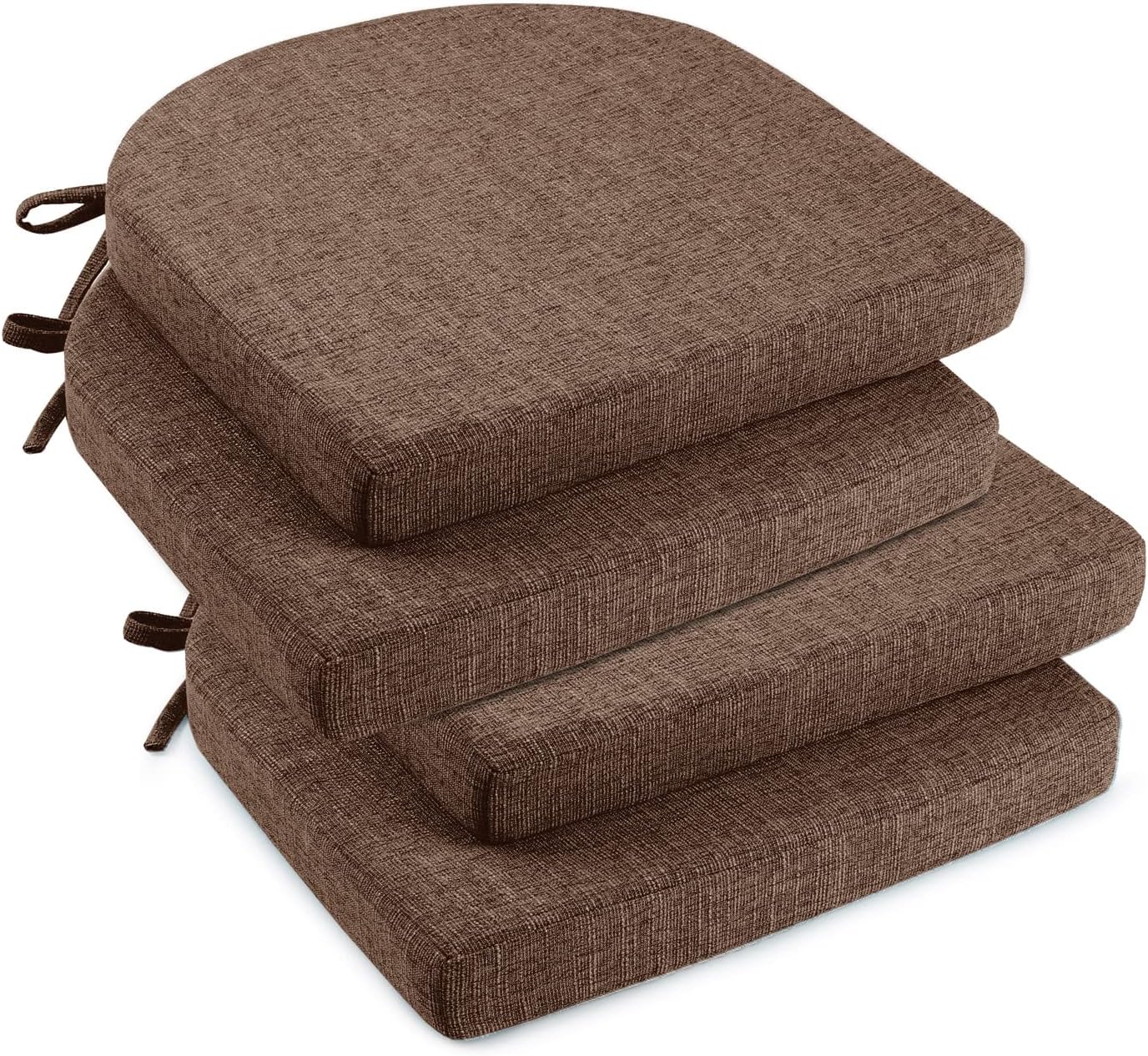 downluxe Indoor Chair Cushions for Dining Chairs, Soft and Comfortable Textured Foam Kitchen Chair Pads with Ties and Non-Slip Backing, 16" x 16" x 2", Brown, 4 Pack