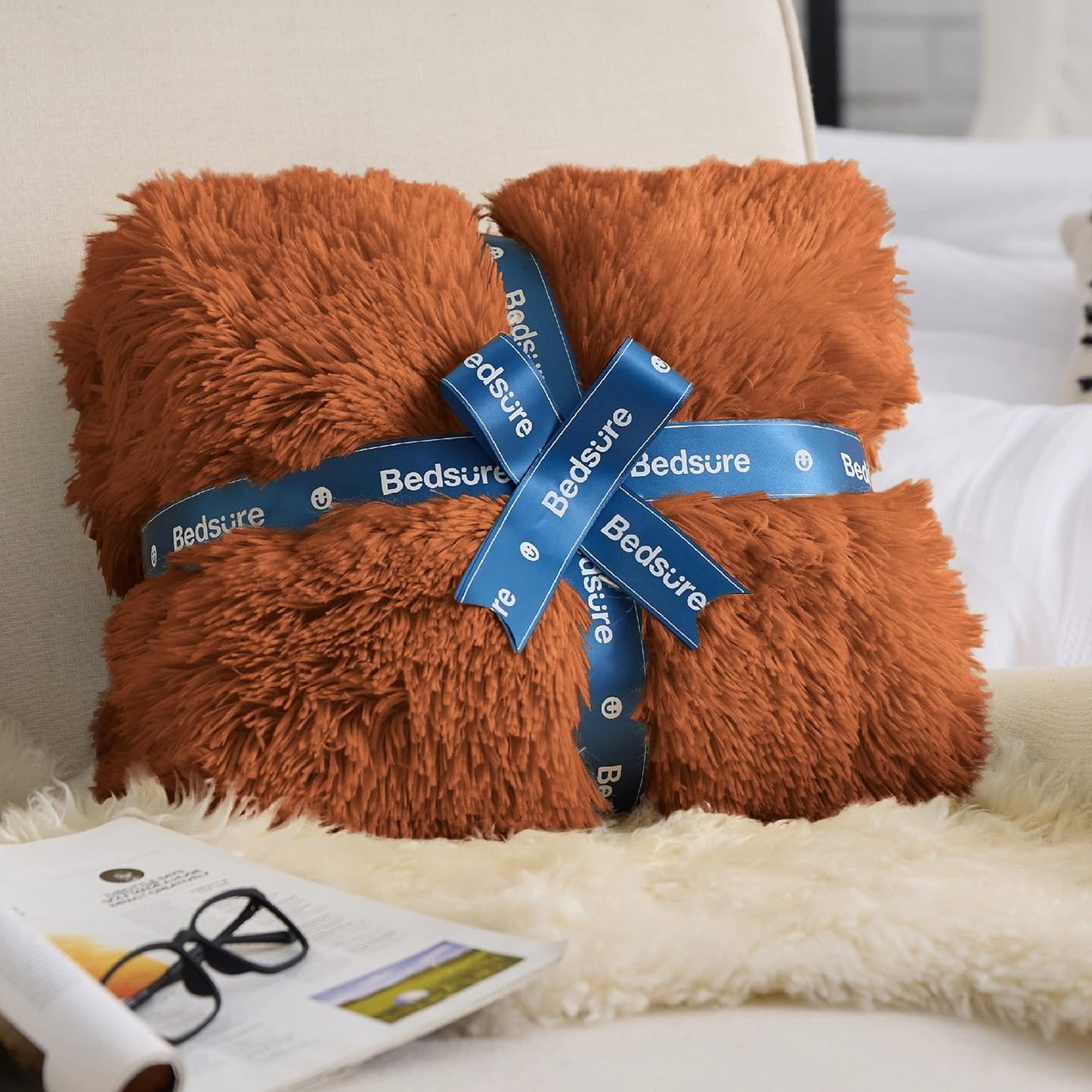 Bedsure GentleSoft Fluffy Burnt Orange Blankets Queen Size for Bed, Cozy Thick Sherpa Faux Fur Fleece Fuzzy Plush Winter Warm Soft Full Queen Blankets, Bedroom Decor Orange Gifts for Women Men, 90x90