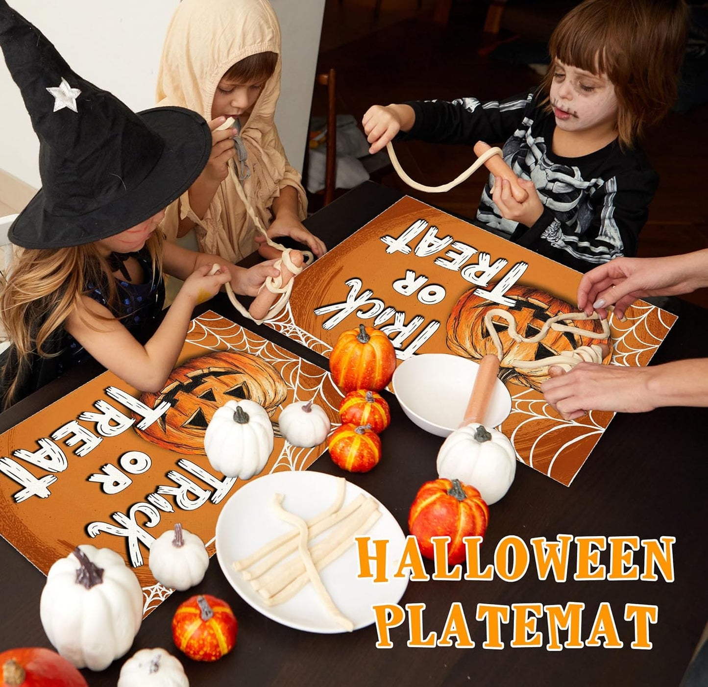 Halloween Pumpkin Placemats Set of 4, 12x18 Inch Trick Or Treat Table Mat, Washable Heat Resistant Place Mats for Kitchen Dining Table, Halloween Themed Decoration for Home-B06