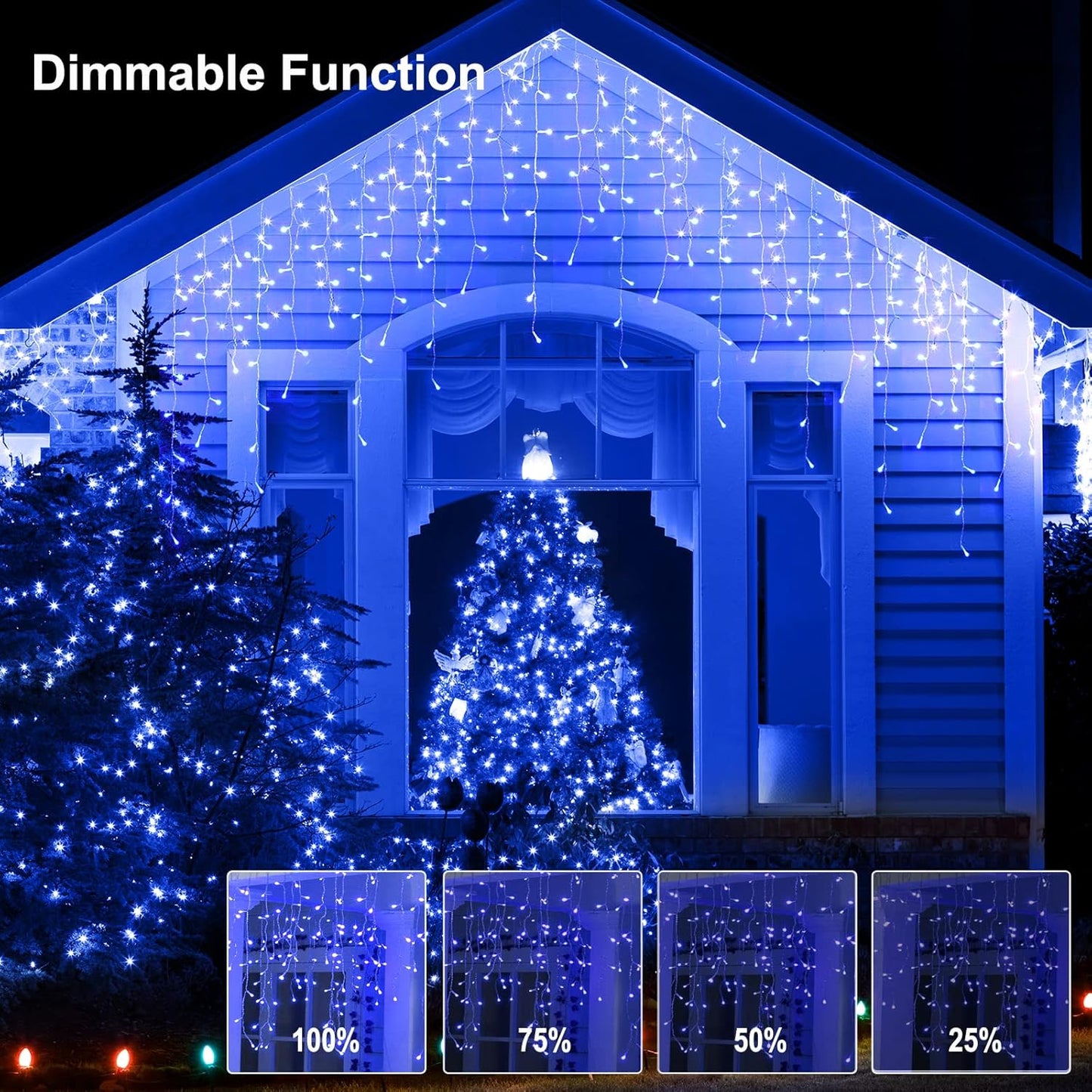 Brightown Blue Icicle Lights, 66Ft 736 LED Outdoor with 138 Drops, 8 Modes Remote and Timer for Halloween, Hanukkah