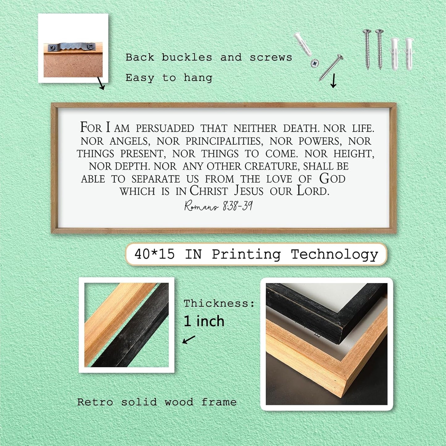 LuZhiQiang For I am Persuaded Wall Decor Art 40"×15" Romans 8:38-39 Sign Bible Verse Scripture Christian Large Wood Framed Wall Hanging (Wood)