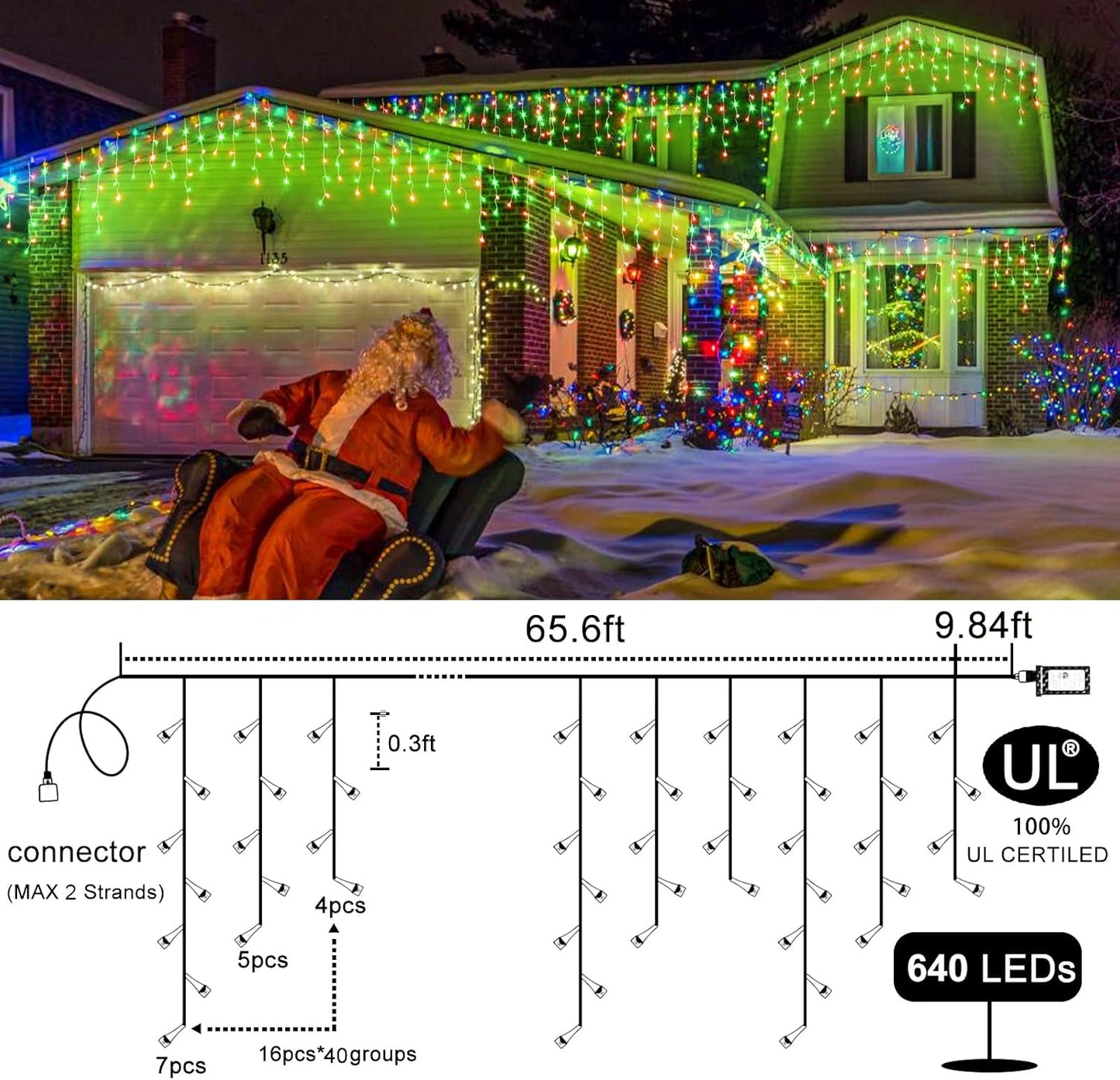 Icicle Lights for Outside, 66ft 640 LED Red and Green Christmas Lights 8 Modes with 120 Drops, Waterproof Christmas Icicle Light Outdoor Plug in for Indoor Party Holiday Halloween Decorations