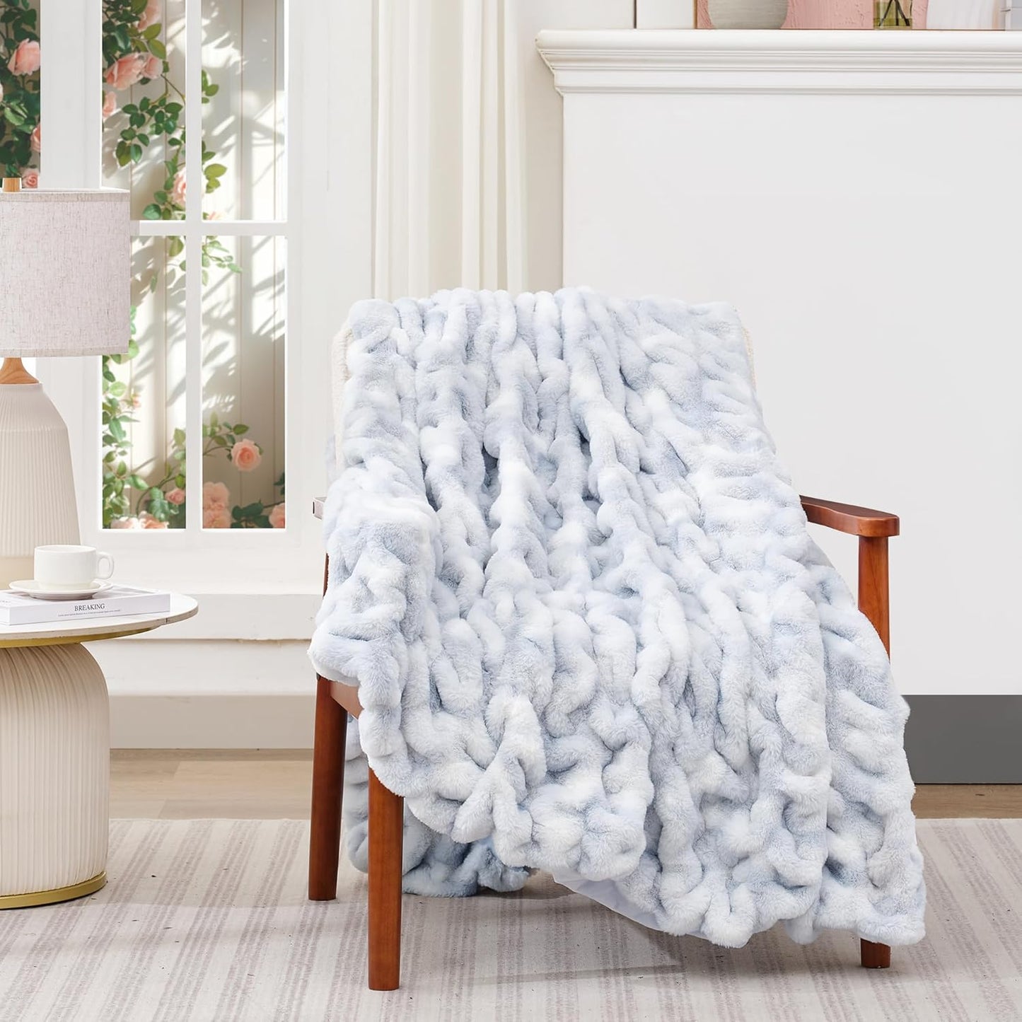 Touchat Ruched Faux Rabbit Fur Blanket, 700 GSM Luxury Dual-Sided Soft Cozy Blanket, Fuzzy Fluffy Plush Throw for Bed, Couch and Sofa - 60"x80", Tie-dye Blue