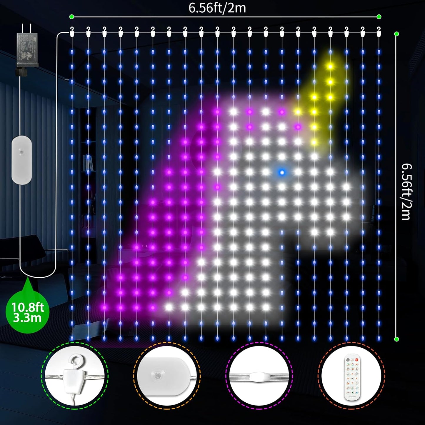 Smart Curtain Lights 400 LED, Color Changing Curtain Lights 6.6ft*6.6ft with APP&Remote,Dynamic DIY Fairy String Light for Bedroom Living Room Backdrop LED American Flag Light Decor