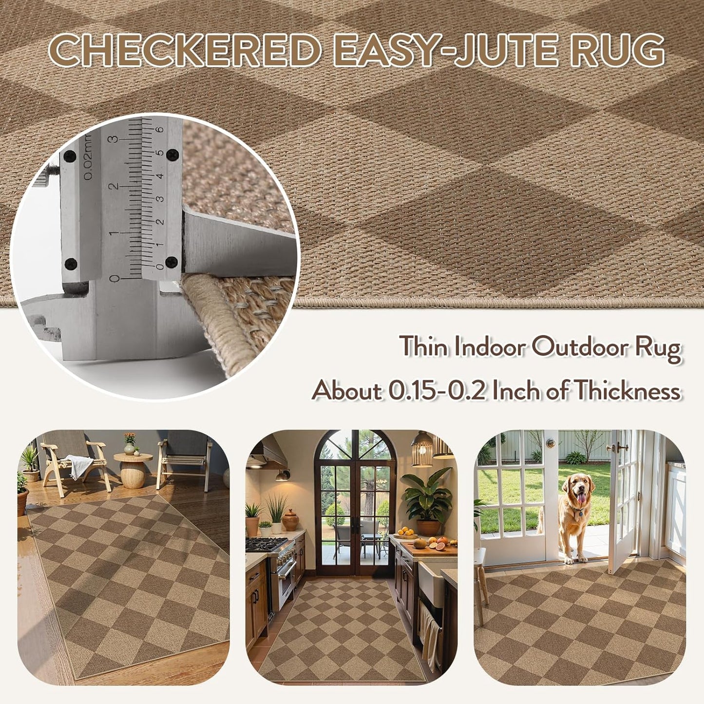 Lahome Checkered Easy Jute Indoor Outdoor Rug, 3x5 Washable Nature Rug for Entryway Living Room Indoor, Farmhouse Non Slip Checkerboard Carpet for Entry Guestroom Deck