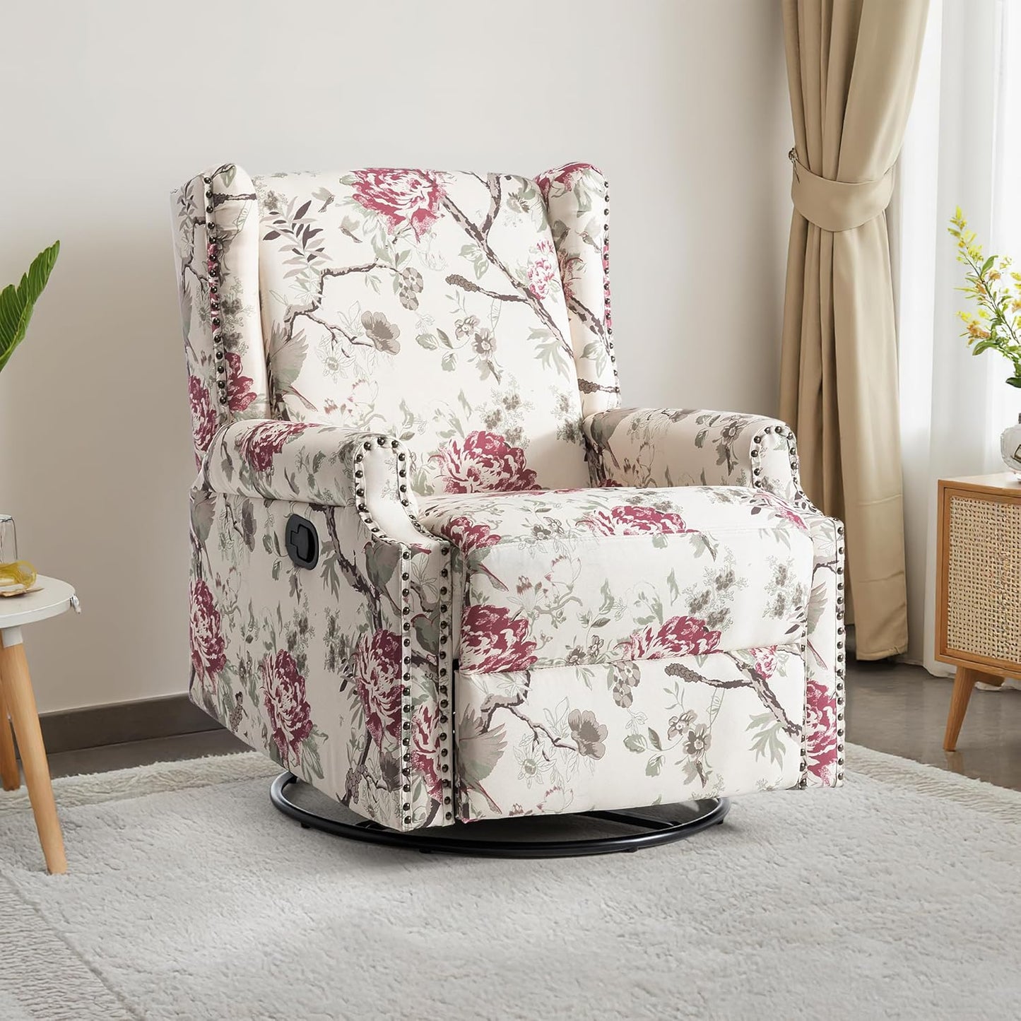 UIXE Swivel Rocker Manual Recliner Chairs Set of 2, Wingback Swivel Glider Fabric Nursery Reclining Sofa Chair, High Back Upholstered Arm Chair for Living Room Bedroom - Beige Floral