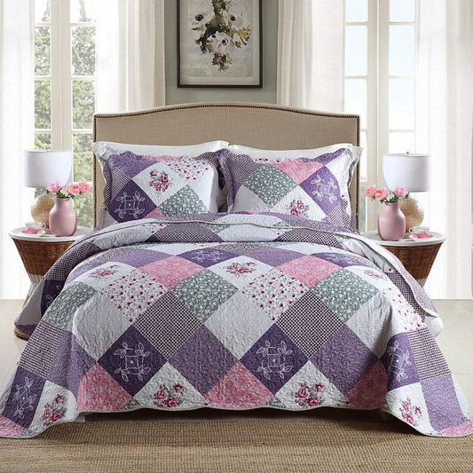 NEWLAKE Quilt Bedspread Sets-Floral Checkered Pattern Reversible Coverlet Set,King Size