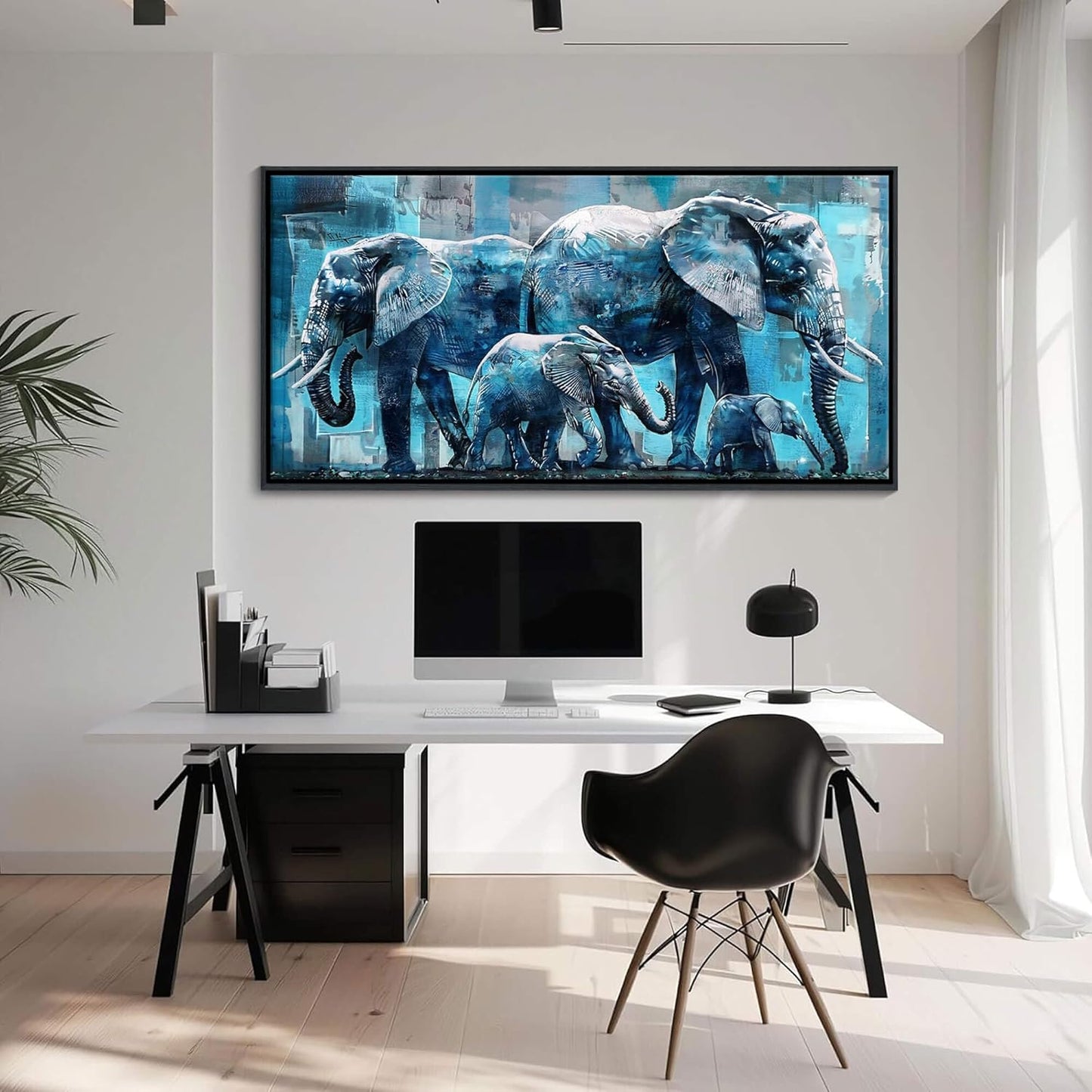 Elephant Canvas Wall Art 20x40 Inches - Framed Oil Painting Style with Black Wood Frame, Jungle Animal Decor for Living Room, Bedroom & Office - Ready to Hang