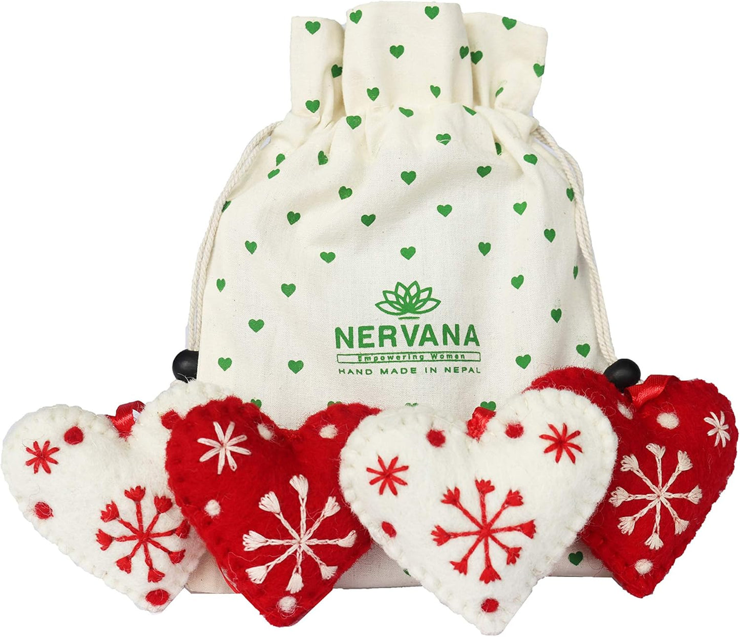 Hearts Christmas Ornaments Set of 4-Snowflake 100% Pure New Zealand Wool Handmade Eco-Friendly Valentine's Day Decor Shower Nursery Decoration Fair Trade (4, Heart)