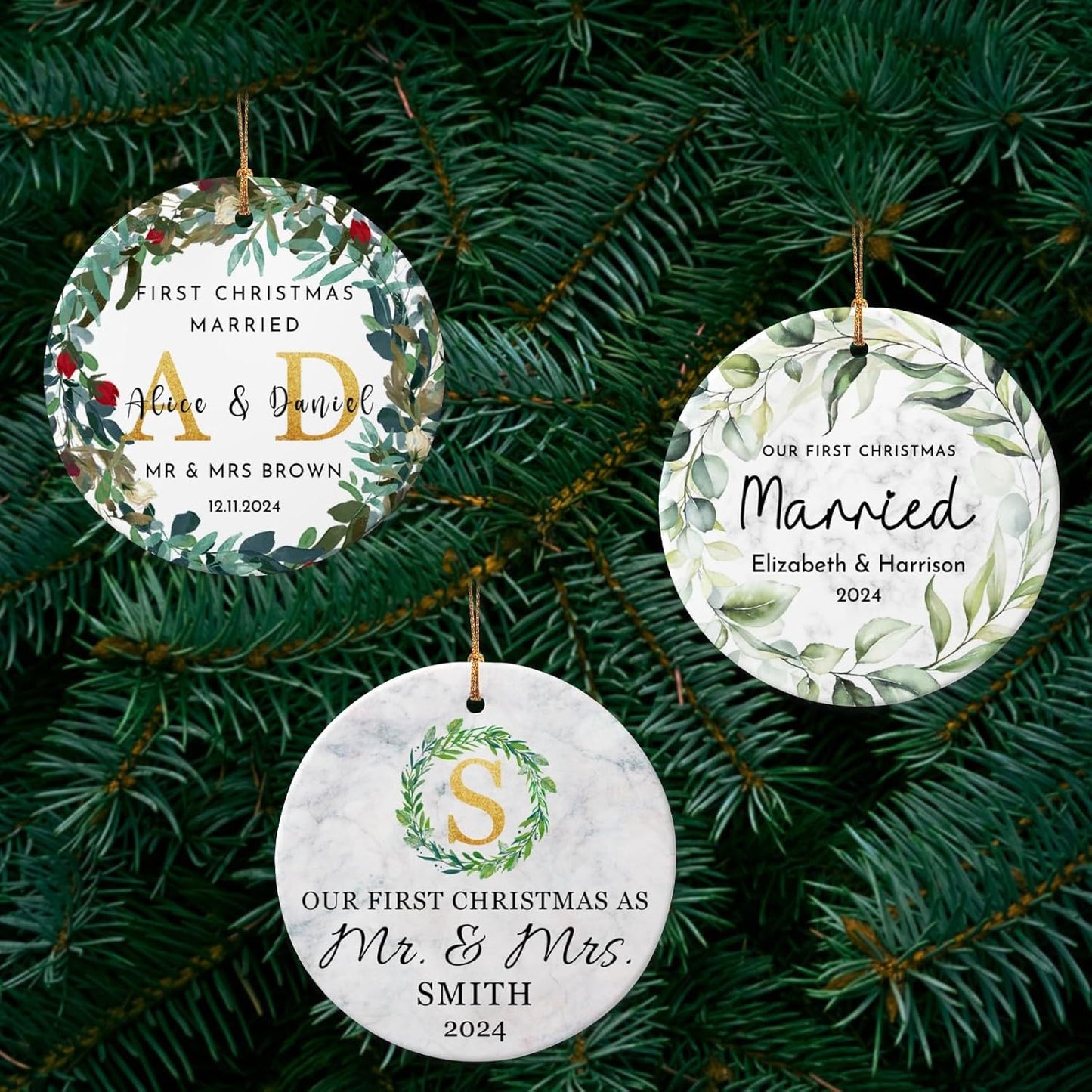 Personalized First Christmas Married Ornament 2025 Custom Mr and Mrs Wedding Christmas Ornaments with Photo Name for Couples,Double-Sided Ceramic Customized Engagement Ornament