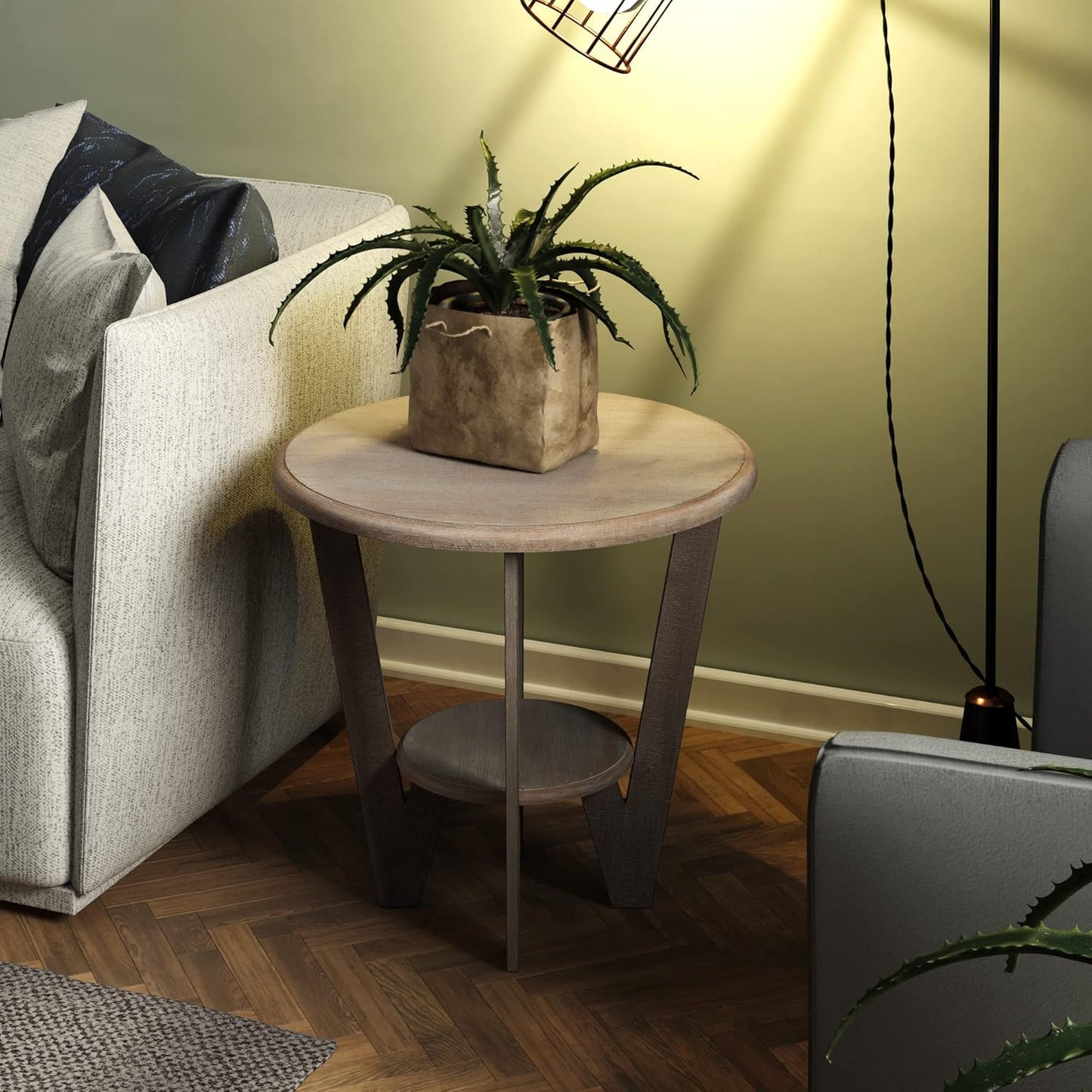 Rustic Farmhouse End Table with Storage Shelf, French Country Accent Side for Family, Dinning or Living Room, Small Spaces, Modern, Round, Vintage Blue Finish, Curved Leg