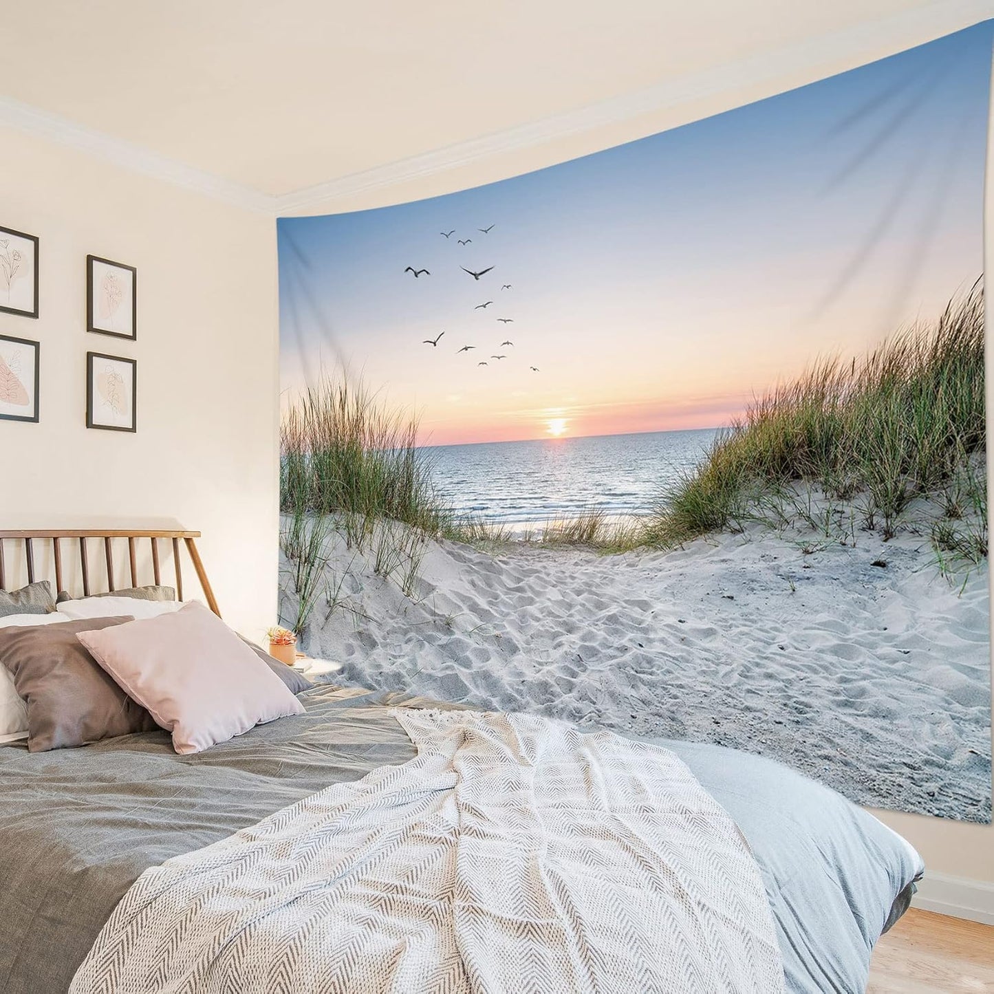 HVEST Ocean Beach Tapestry Wall Hanging, Sunset Seabird and Beach with Grass Wall Hanging Tapestry Natural Landscape Tapestry for Bedroom Living Room Dorm Decoration Wall Decor, 80x60 Inches