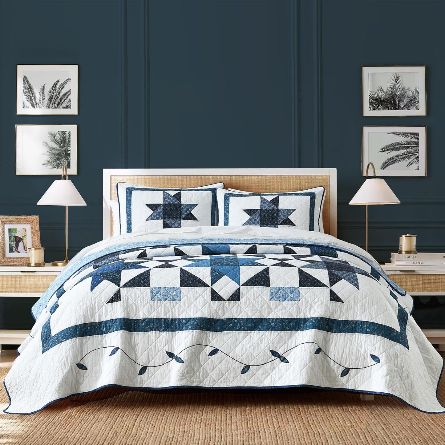 Secgo Handmade Quilted 100% Cotton Queen Comforter Set for Bed - 100% Cotton Quilts Queen Size, Black Bedspreads (90 * 96 Inch) with 2 Pillow Shams, Patchwork Reversible Lightweight Bedding