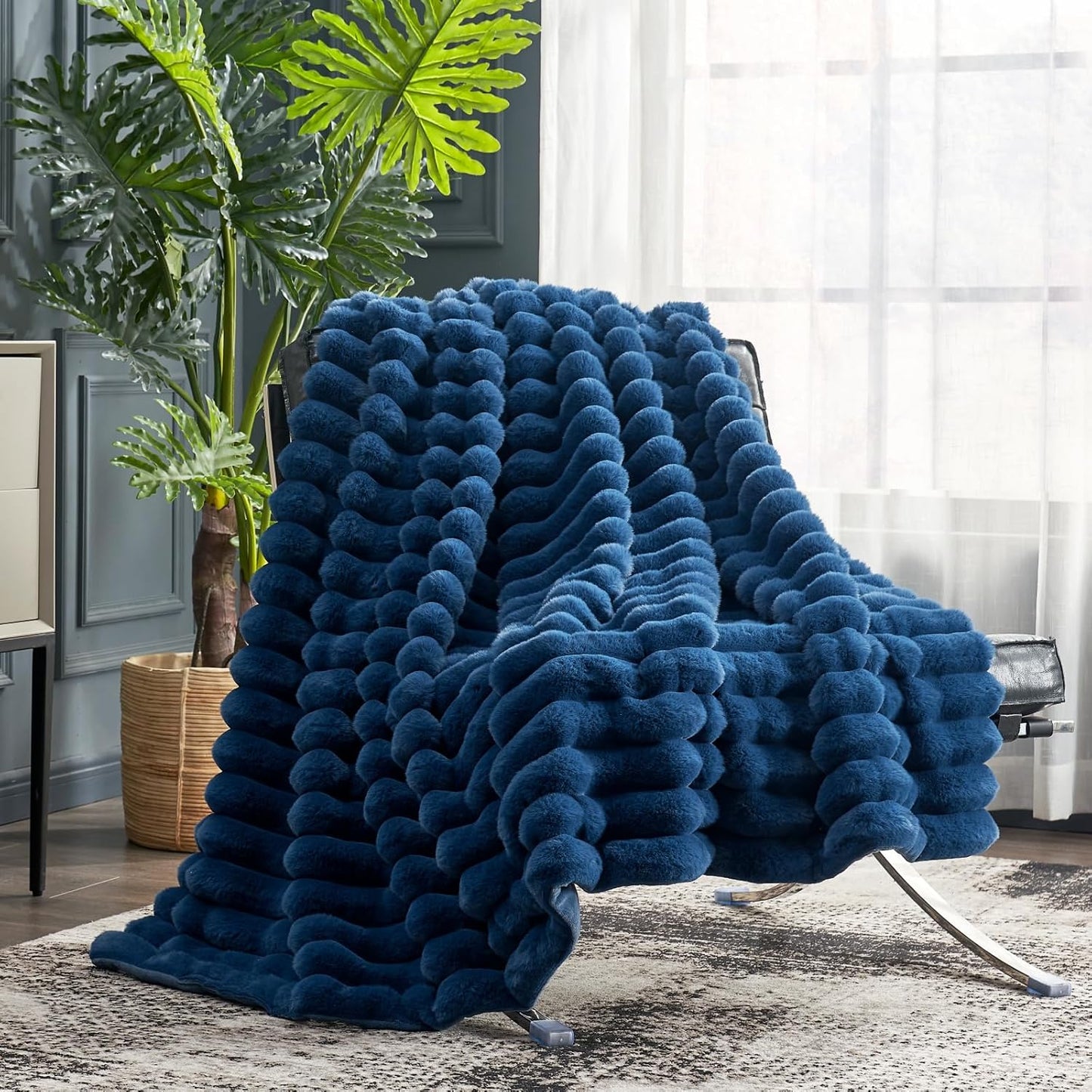 Cozy Bliss Faux Fur Throw Blanket for Couch, Cozy Warm Plush Striped Blanket for Sofa Bedroom Living Room,50 * 60 Inches Navy Blue