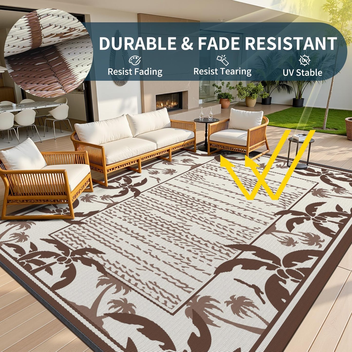 COCOER Outdoor-Rug 6x9 ft Waterproof Reversible Outdoor Plastic Straw Rug RV Indoor Outdoor Carpet Quick Dry Patio Rug Camping Mat for Balcony Backyard Picnic Beach-Brown&Beige