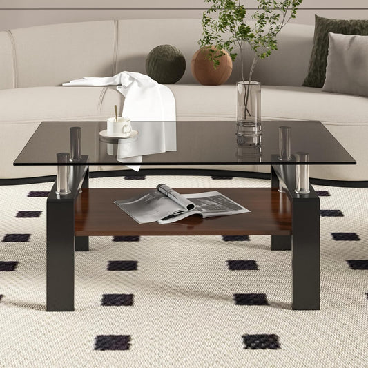 Glass Coffee Table Rectangle Living Room Center Table, with Gray Tempered Glass Tabletop and Brown MDF Layer,for Living Room and Office, Gray+Brown