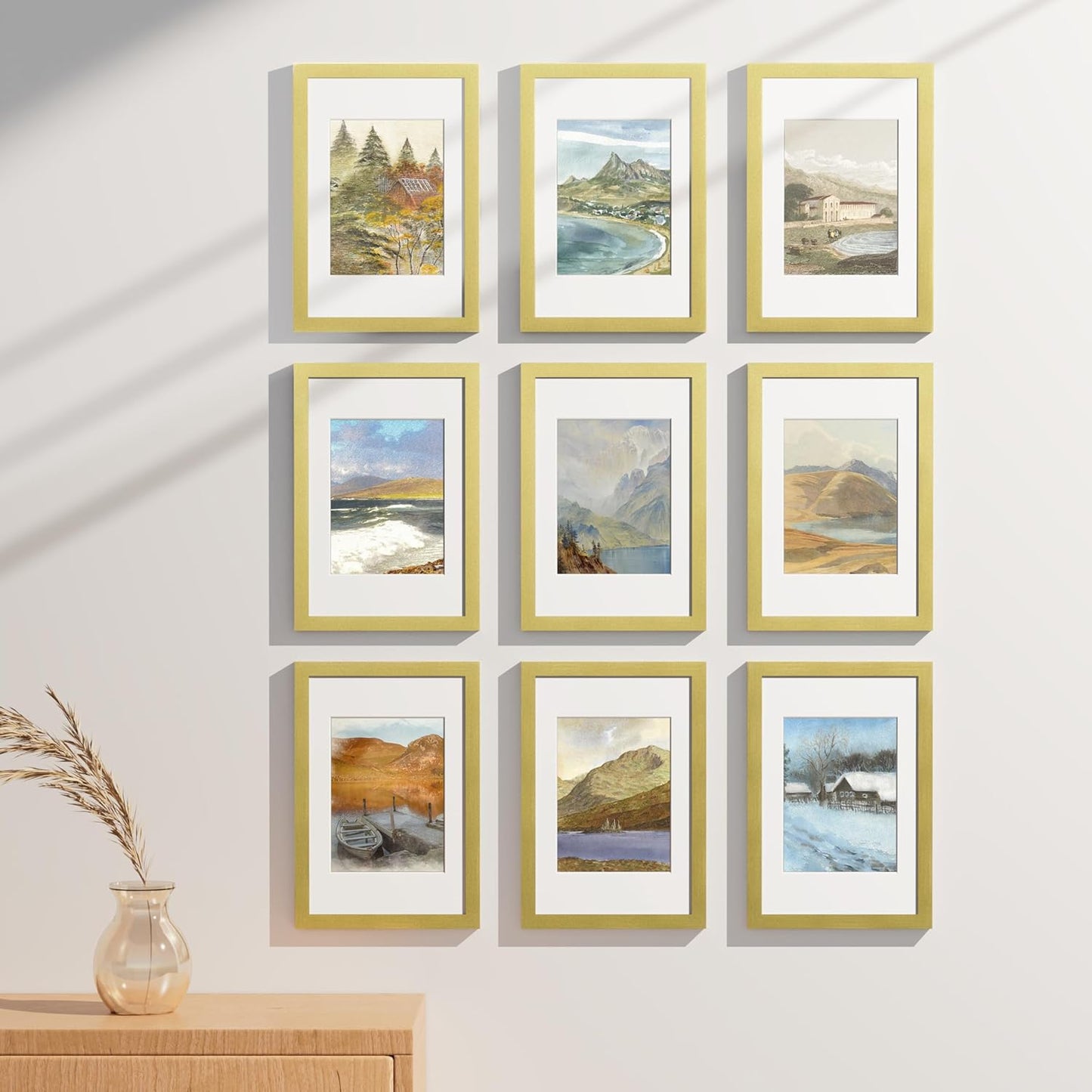 Vittanly 8x12 Picture Frames Set of 9, Shatter Resistant Plexiglass, Display 6x8 Pictures with Mat or 8x12 without Mat, Photo Frames for Wall or Tabletop, Engineered Wood, Gold