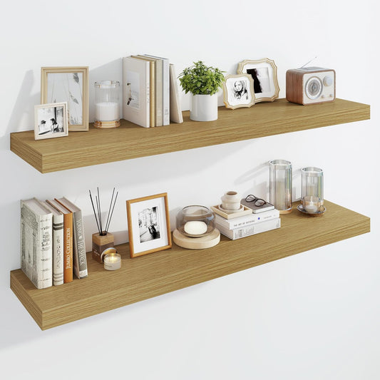 Marsmiles 48" Floating Shelves for Wall, Wooden Shelves with Invisible Brackets Set of 2, Rustic Farmhouse Wall Mounted Shelf for Kitchen Bathroom Living Room Study, Natural Oak