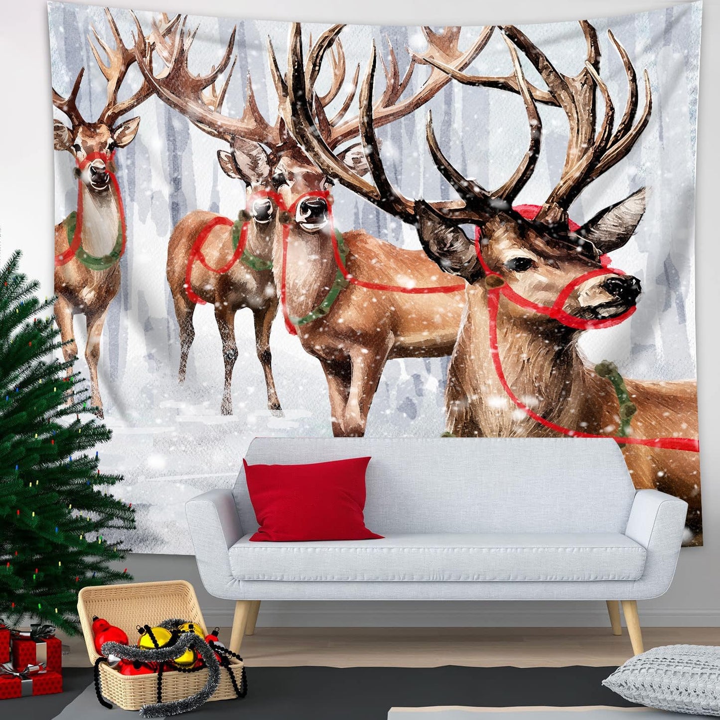 QGHOT Winter Tapestry Wall Hanging Winter Forest Backdrop Christmas Snowy Deer Wall Decor Snow Elk Tapestries for Bedroom Living Room Dorm Party Decoration, Small