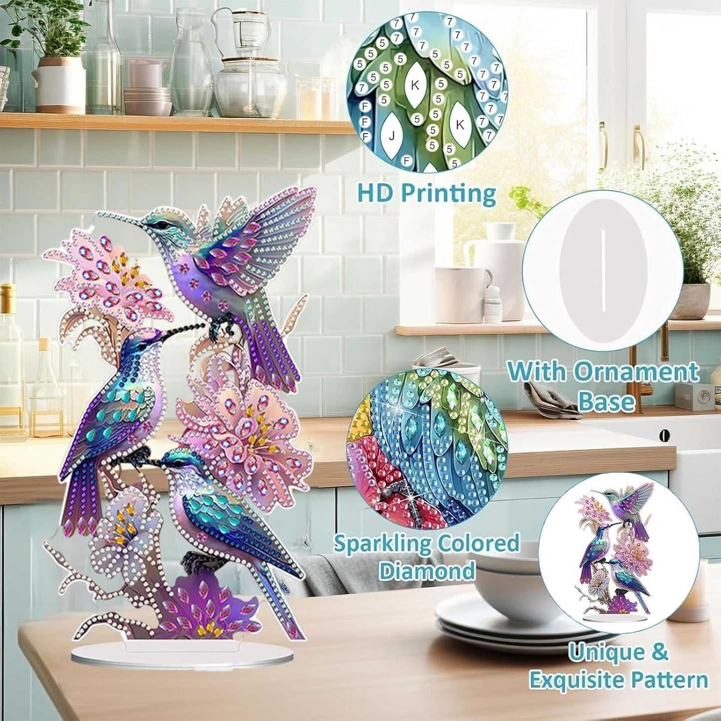Diamond Painting Kits for Adults Beginners, 5D Full Drill Hummingbird Crystal Art Desktop Ornament, DIY Single Sided Home Office Desk Decor, Creative Craft Gift Set with Tools