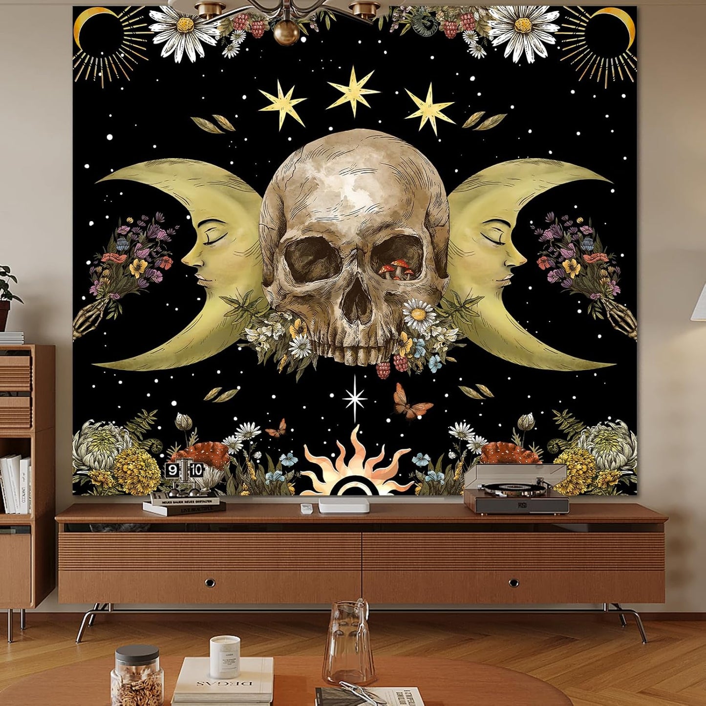 Atrippy Halloween Vintage Gothic Tapestry for Bedroom, Goth Skull Floral Wall Decor Tapestry, Sun and Moon Skeleton Flower Tapestries Aesthetic, Dark Room Decor Wall Hanging for Living Room Dorm 60x79 Inches