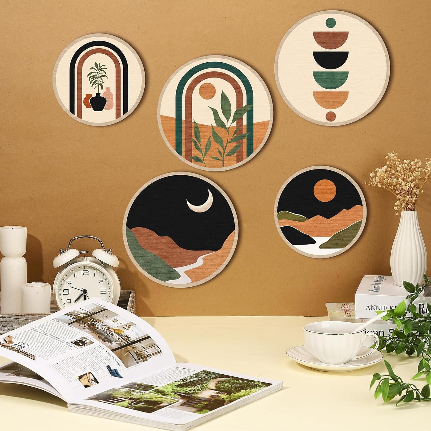 Qunclay 5 Pcs Wall Art Decor Wooden Living Room Wall Decor Bohemian Hanging Farmhouse Geometric 10'' and 8'' Aesthetic Wood Minimalist Posters for Bedroom(Sunset)