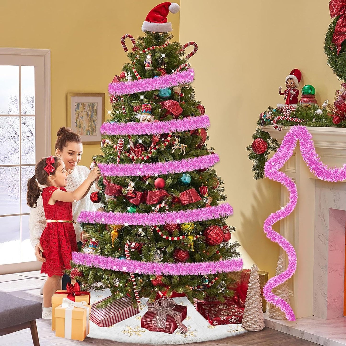 25 Feet Metallic Twist Tinsel Garland - Wall Hanging Backdrop for Parade Floats, Christmas Eve, New Year, Valentine's Day Parties (Macaron Pink, 4in x 25ft)