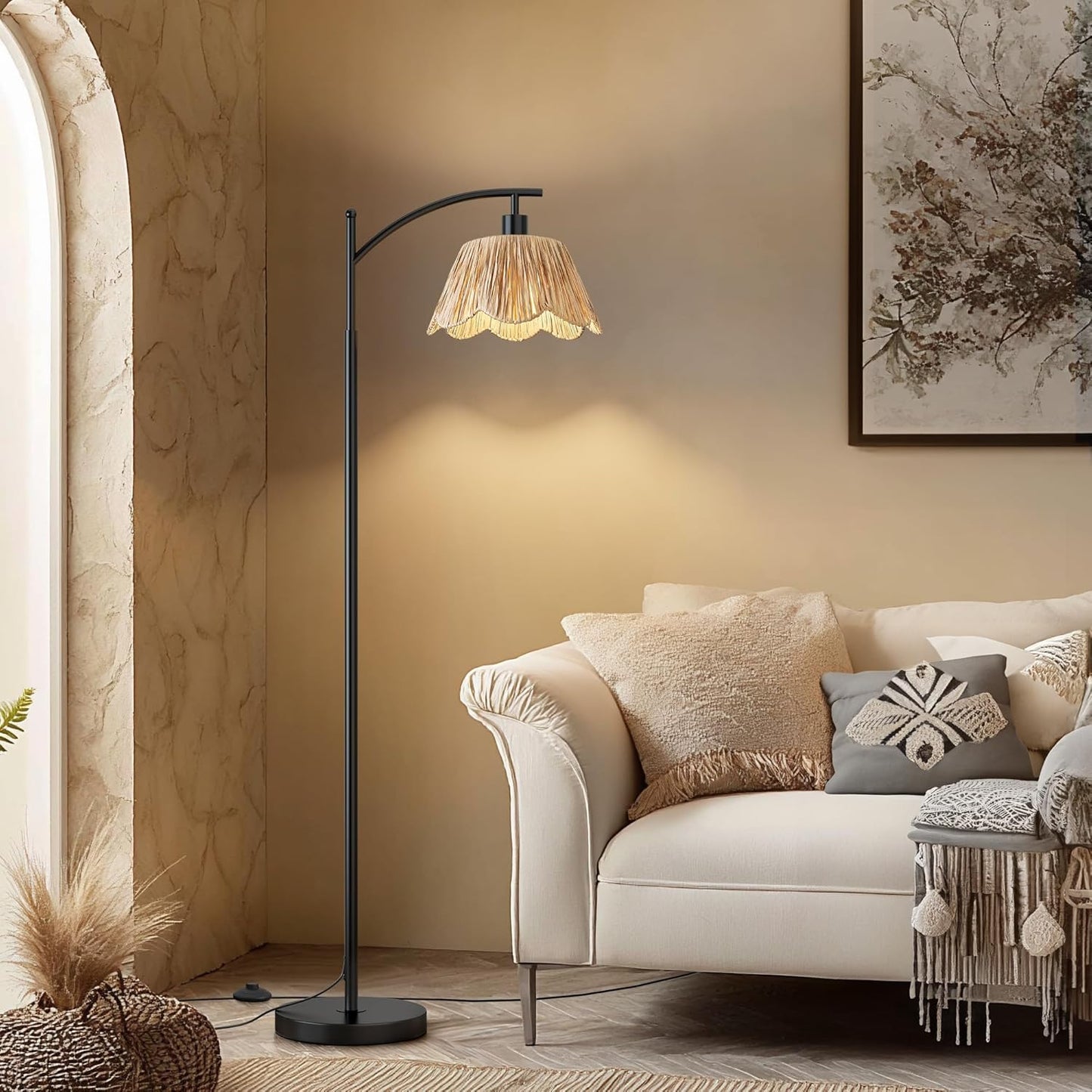 Oneach Arc Floor Lamp for Living Room,Rattan Boho Floor Lamp with Hand-Woven Wicker Shade, Foot Switch,Black Metal Base & Pole,Farmhouse Standing Lamp for Bedroom Corner,Reading