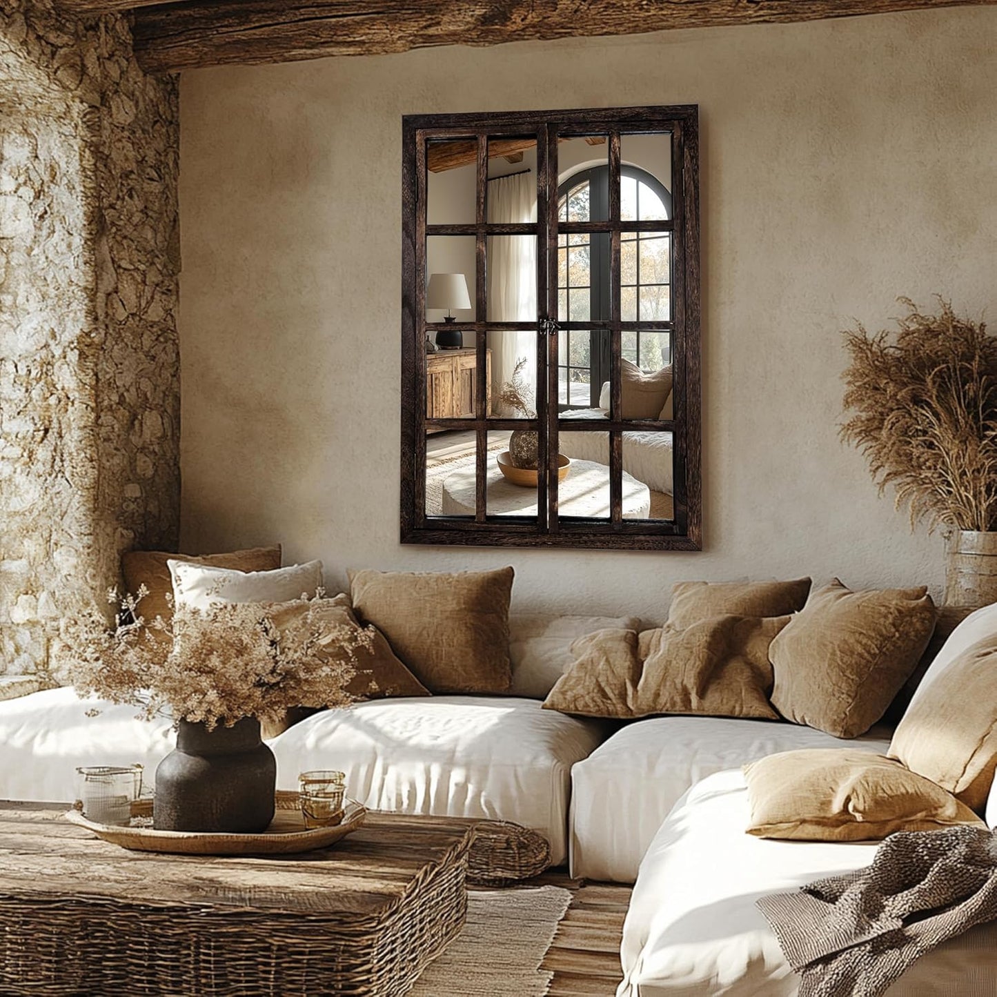 Wall Mirror with Window Design, 38"x26" Rustic Farmhouse Wood Mirror for Wall Decor, Decorative Vintage Mirror for Living Room, Bedroom, Entryway