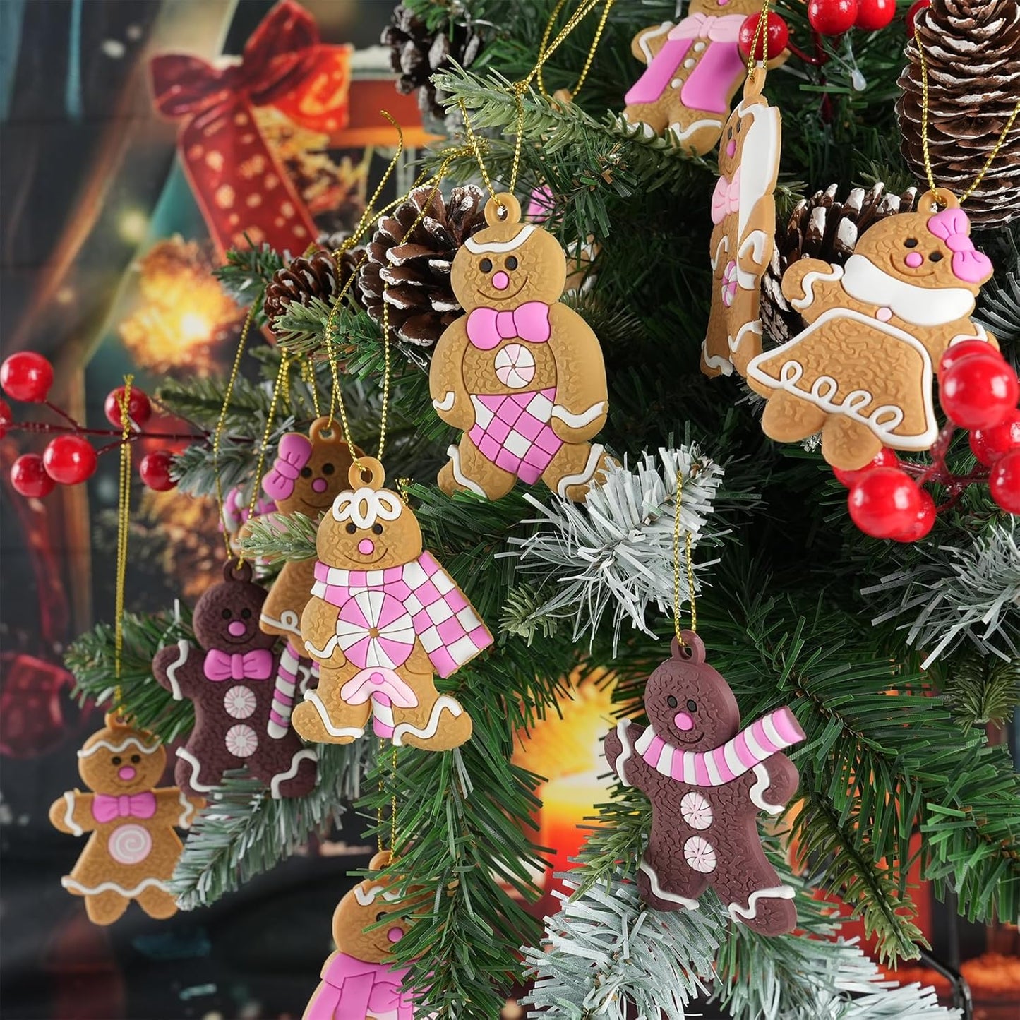 Gingerbread Man Ornaments Christmas Tree Decorations - 24pcs Pink Gingerbread Man Christmas Decorations Hanging Ornaments for Holiday Xmas Tree Home Decor